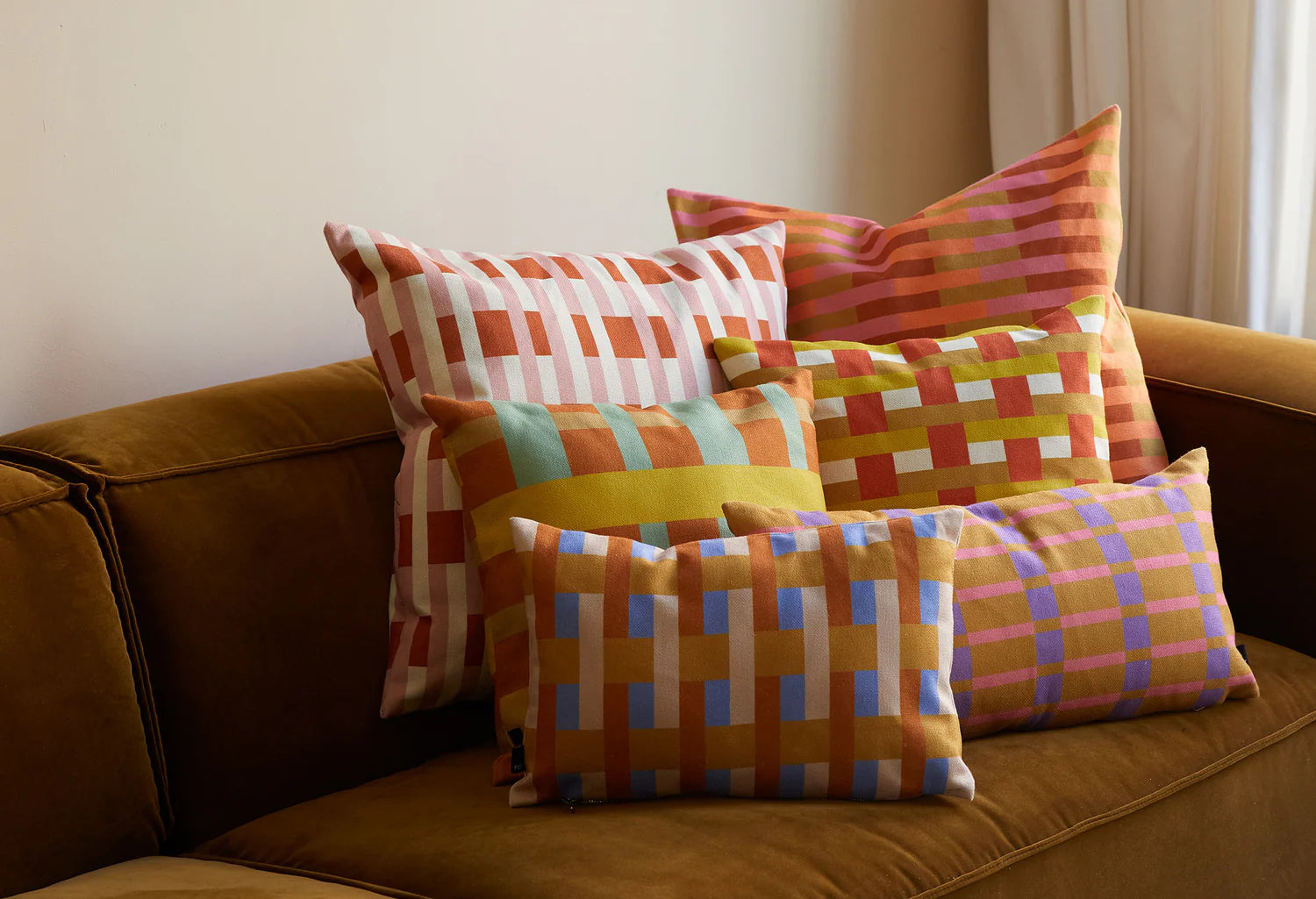 STRIPES AND CHECKS Pillow in Sand with Yellow