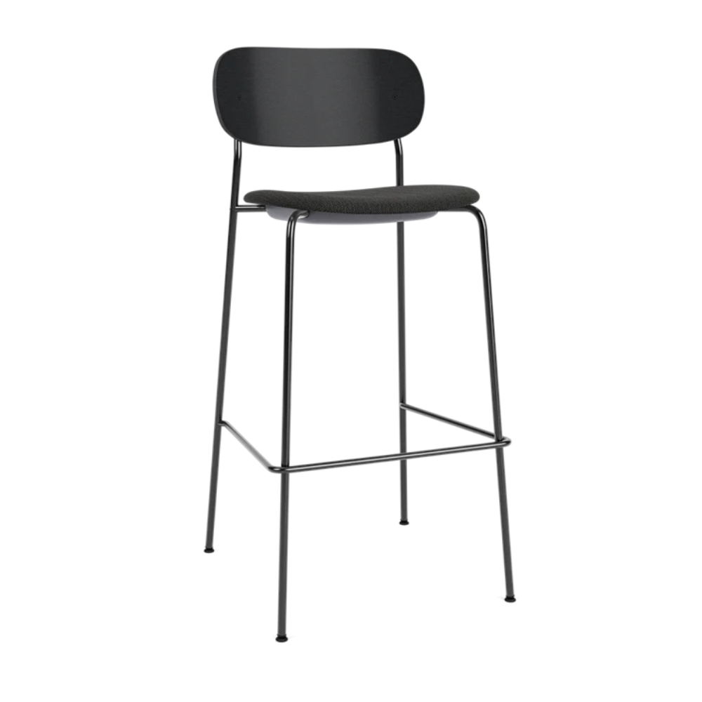 Black oak veneer stool with upholstered black seat