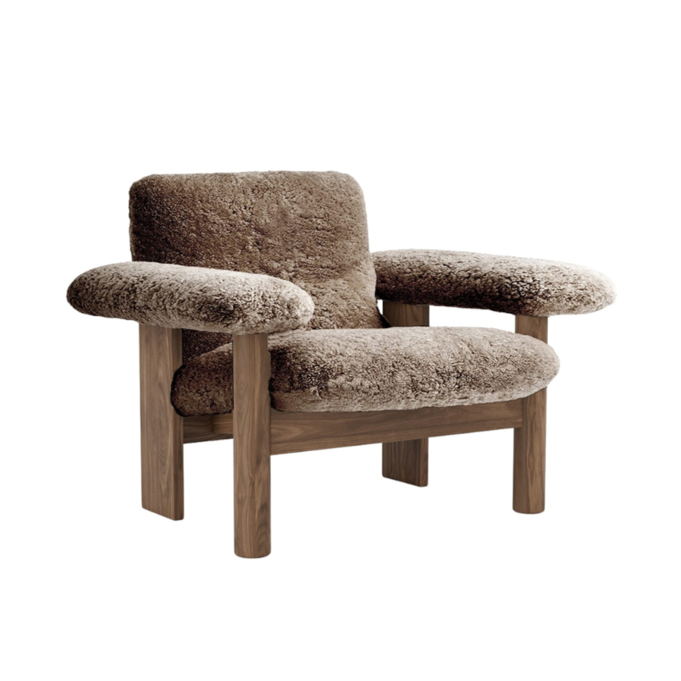 BRASILIA Armchair brown sheep leather with walnut base