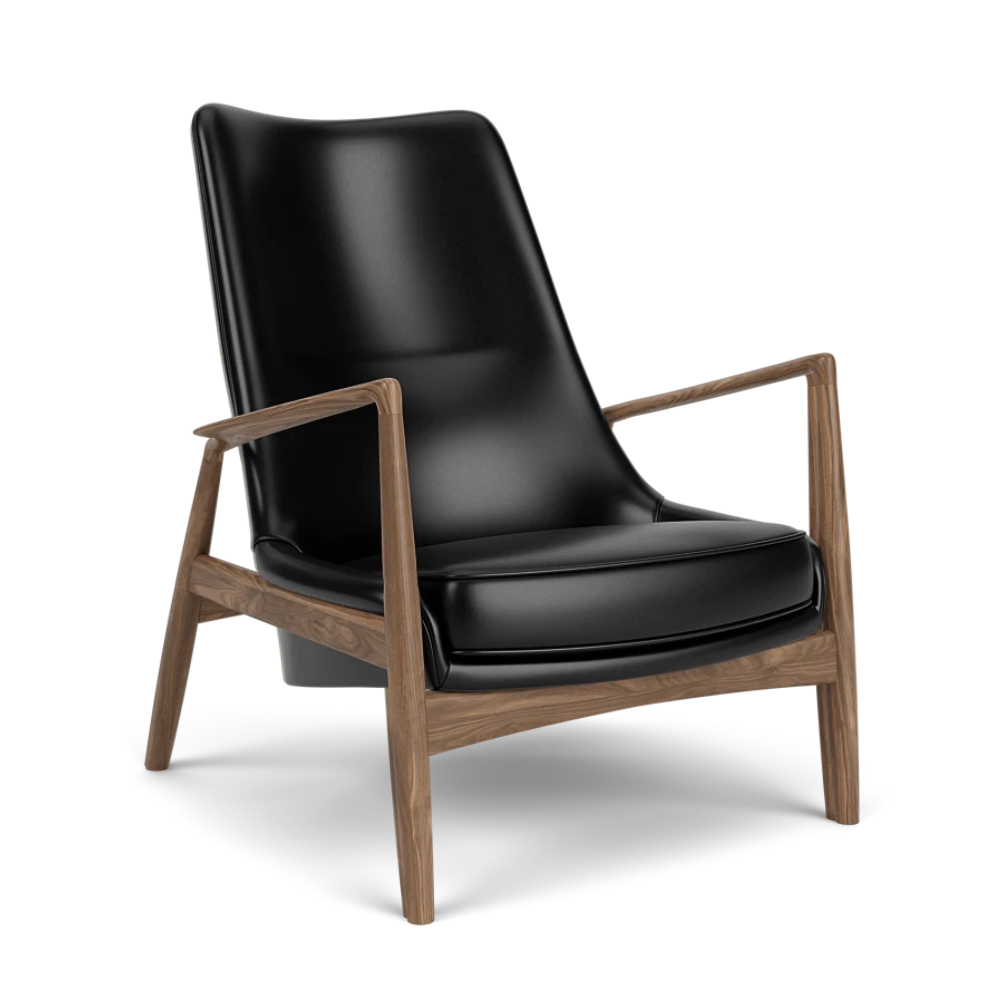 THE SEAL high-back armchair black leather with walnut base