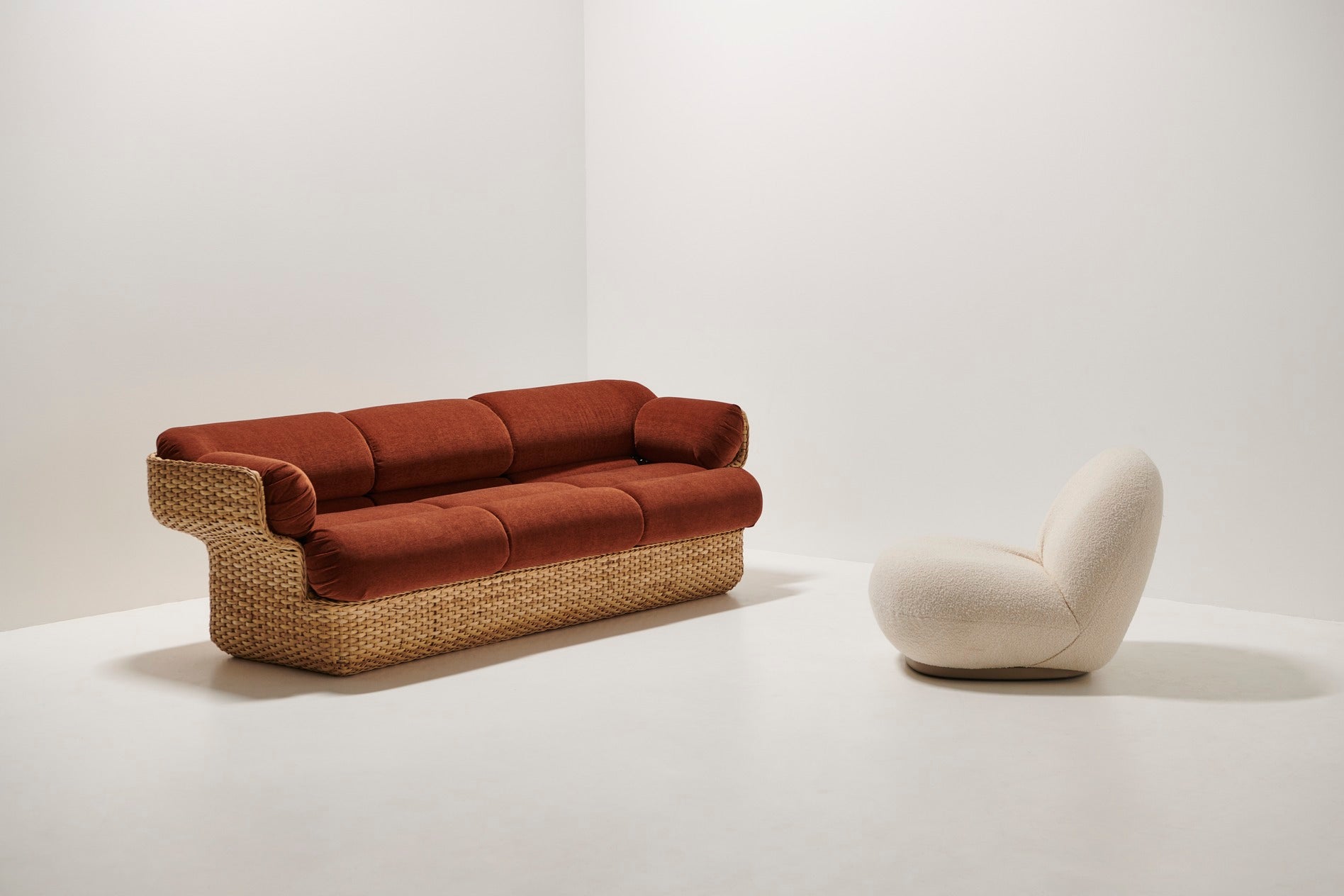 BASKET armchair in white with rattan