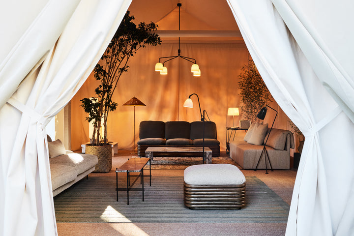Bohemian Puff 72 upholstered with a rattan base