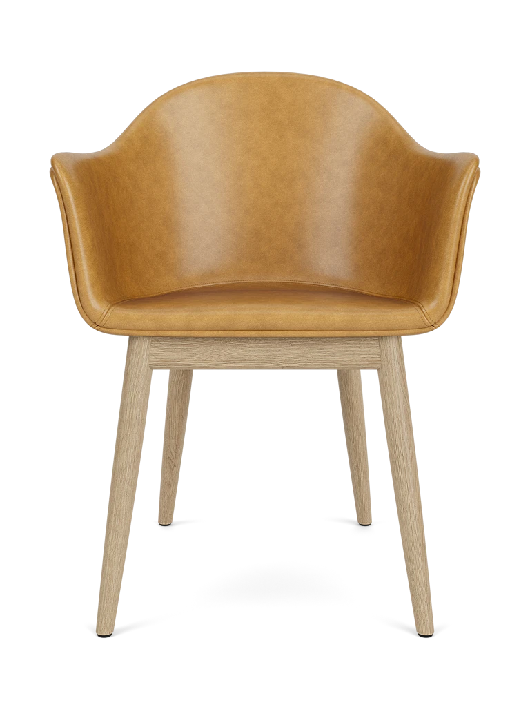 HARBOUR Armchair with Armrests, Cognac Leather with Oak Base