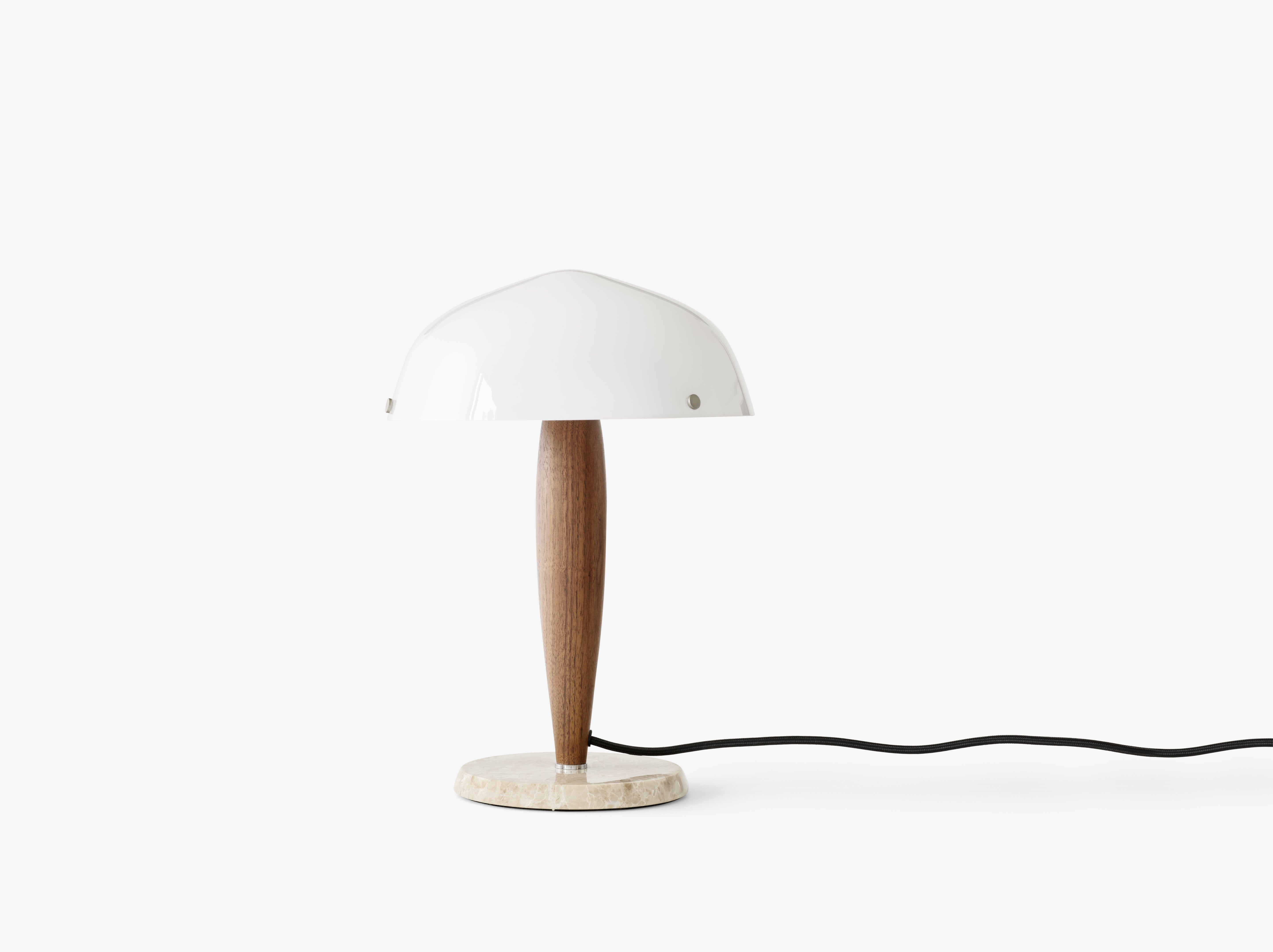 Stolní lampa HERMAN SHY3 opálové sklo s ořechovým dřevem a krémovým mramorovým podstavcem