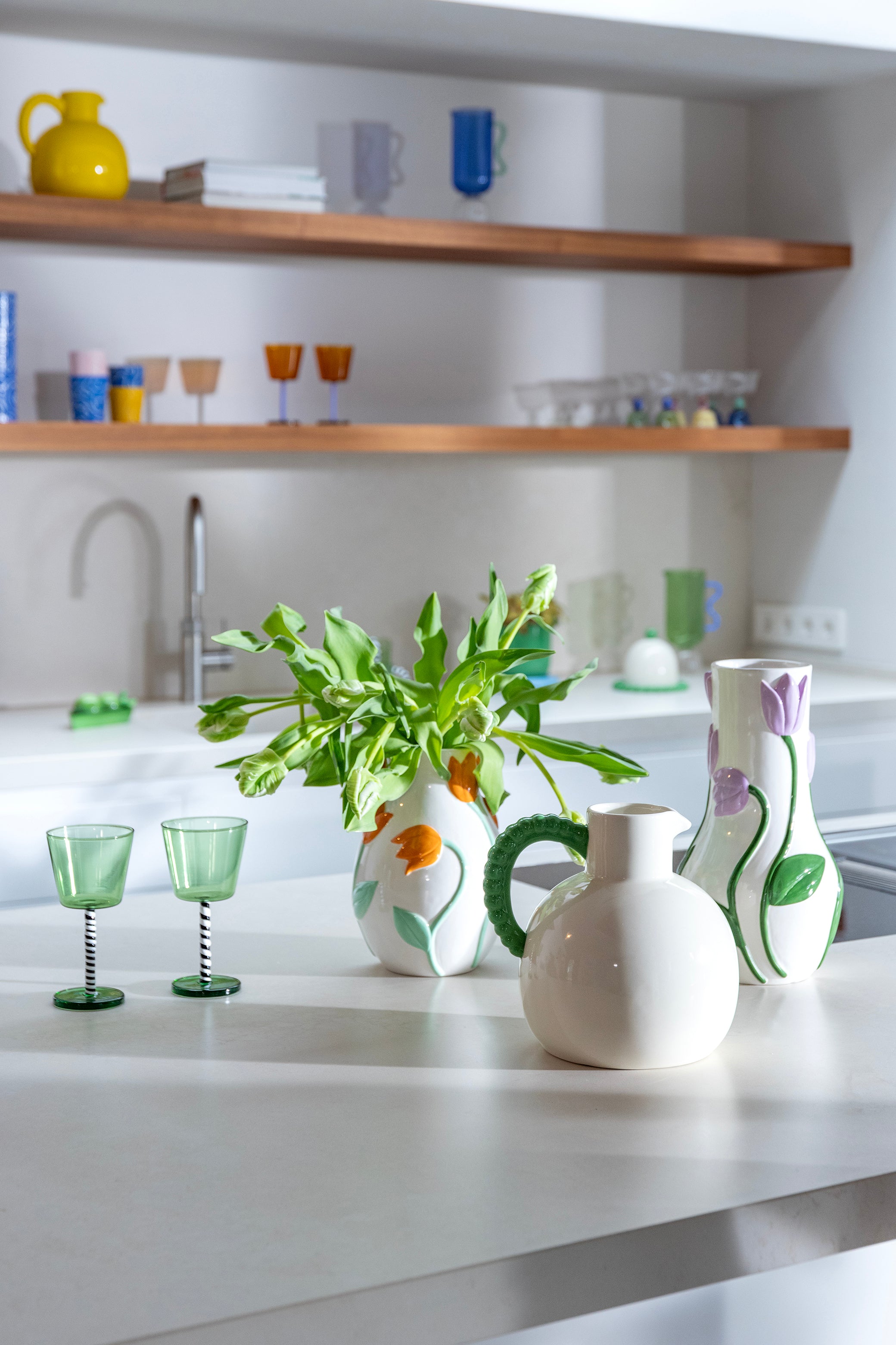 White TULIP vase with green and purple