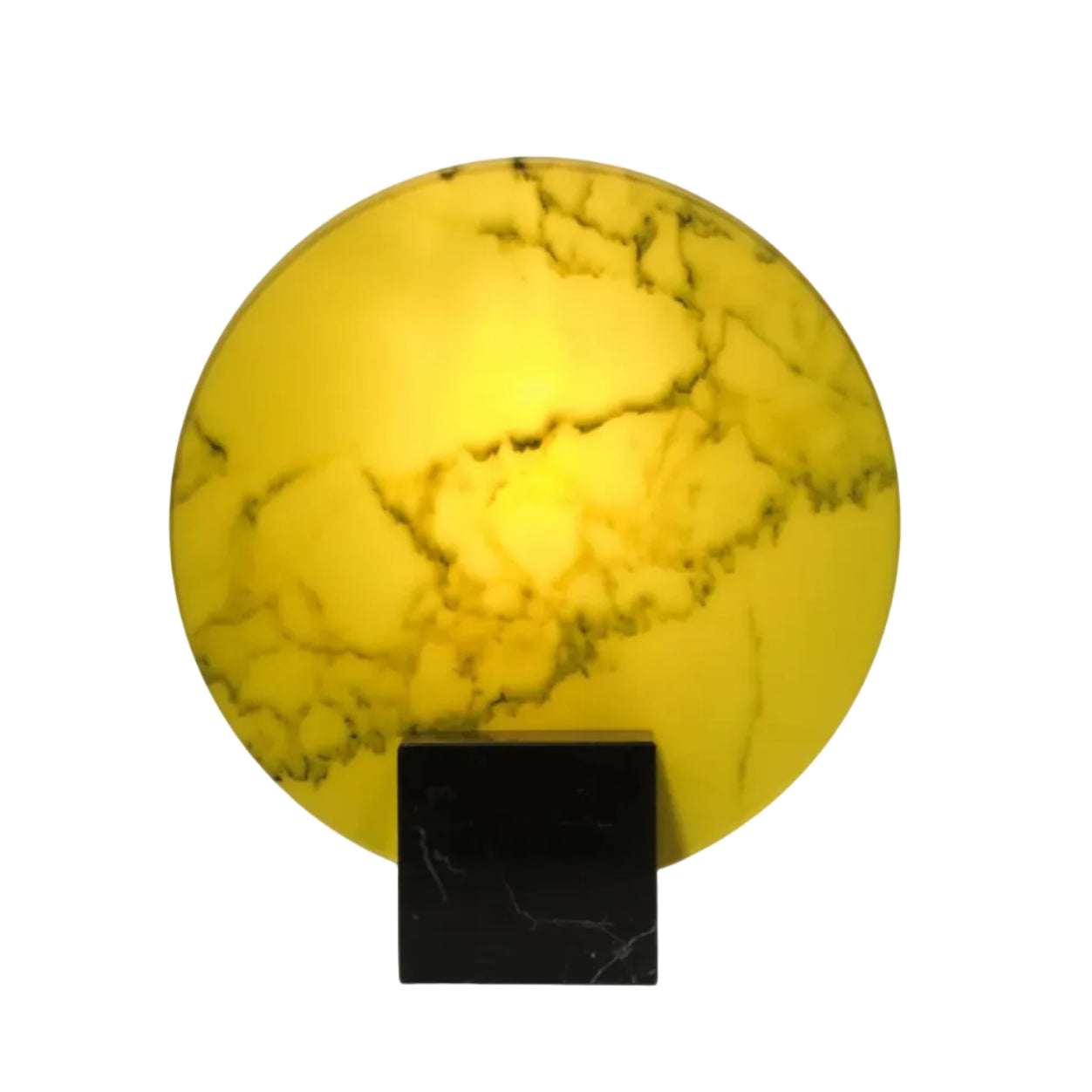 Stolní lampa ACID MARBLE v kyselě žluté barvě s černým mramorovým podstavcem.