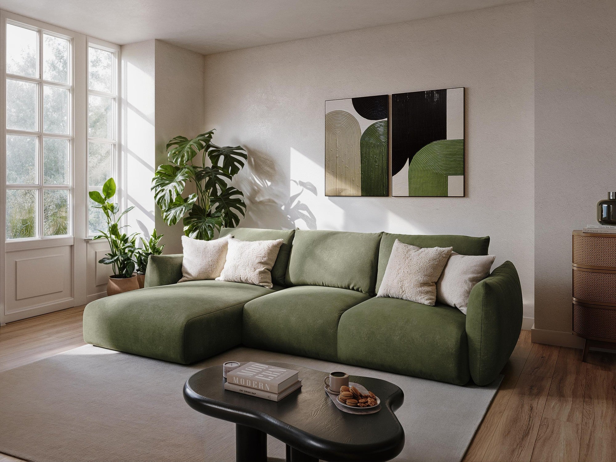 3-Seater Sofa with Sleeping Function LEILA Olive Chenille