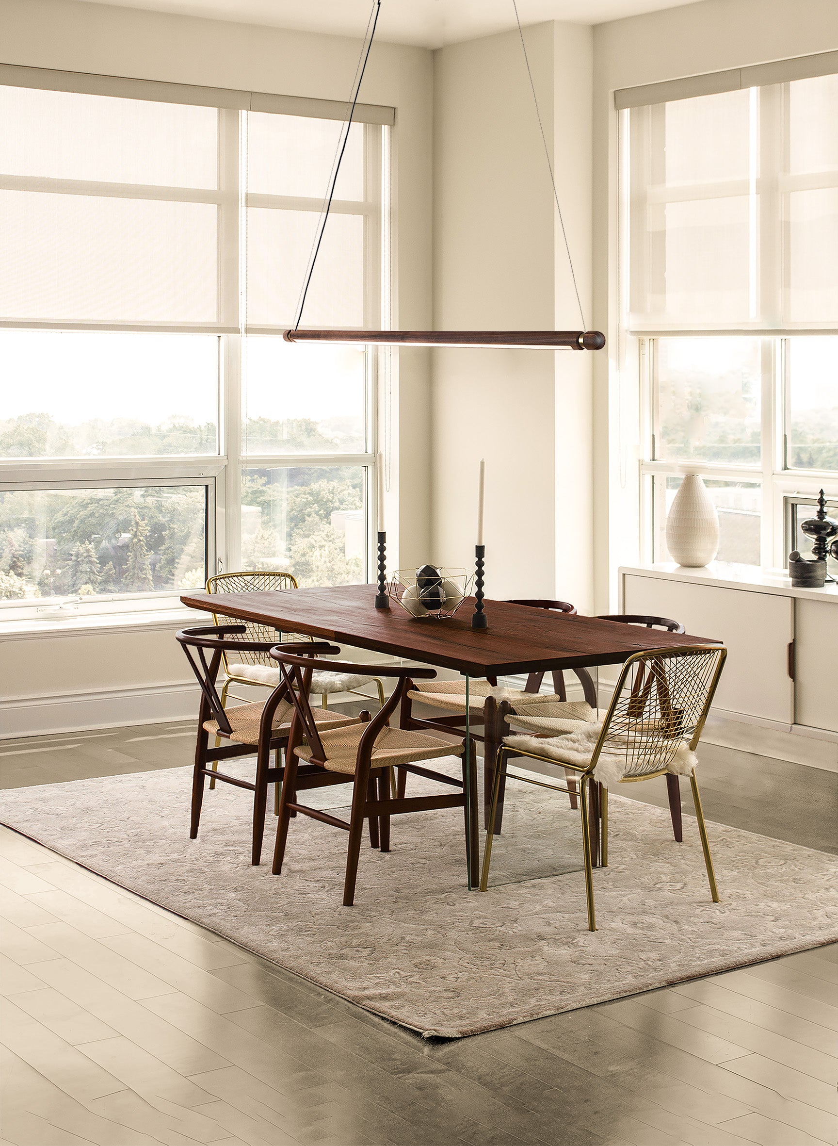 LINEA H Pendant Lamp in Walnut Wood with Brass Finish