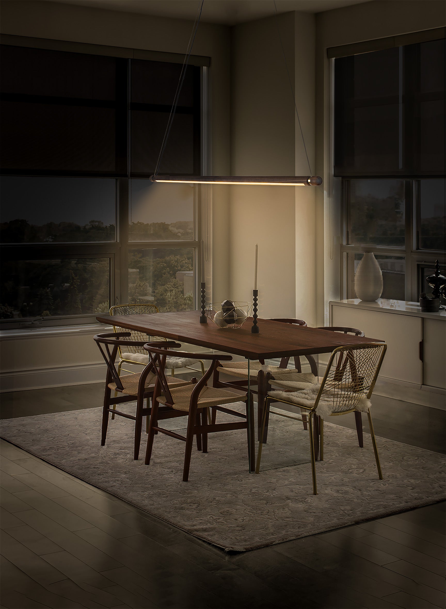 LINEA H Pendant Lamp in Walnut Wood with Brass Finish
