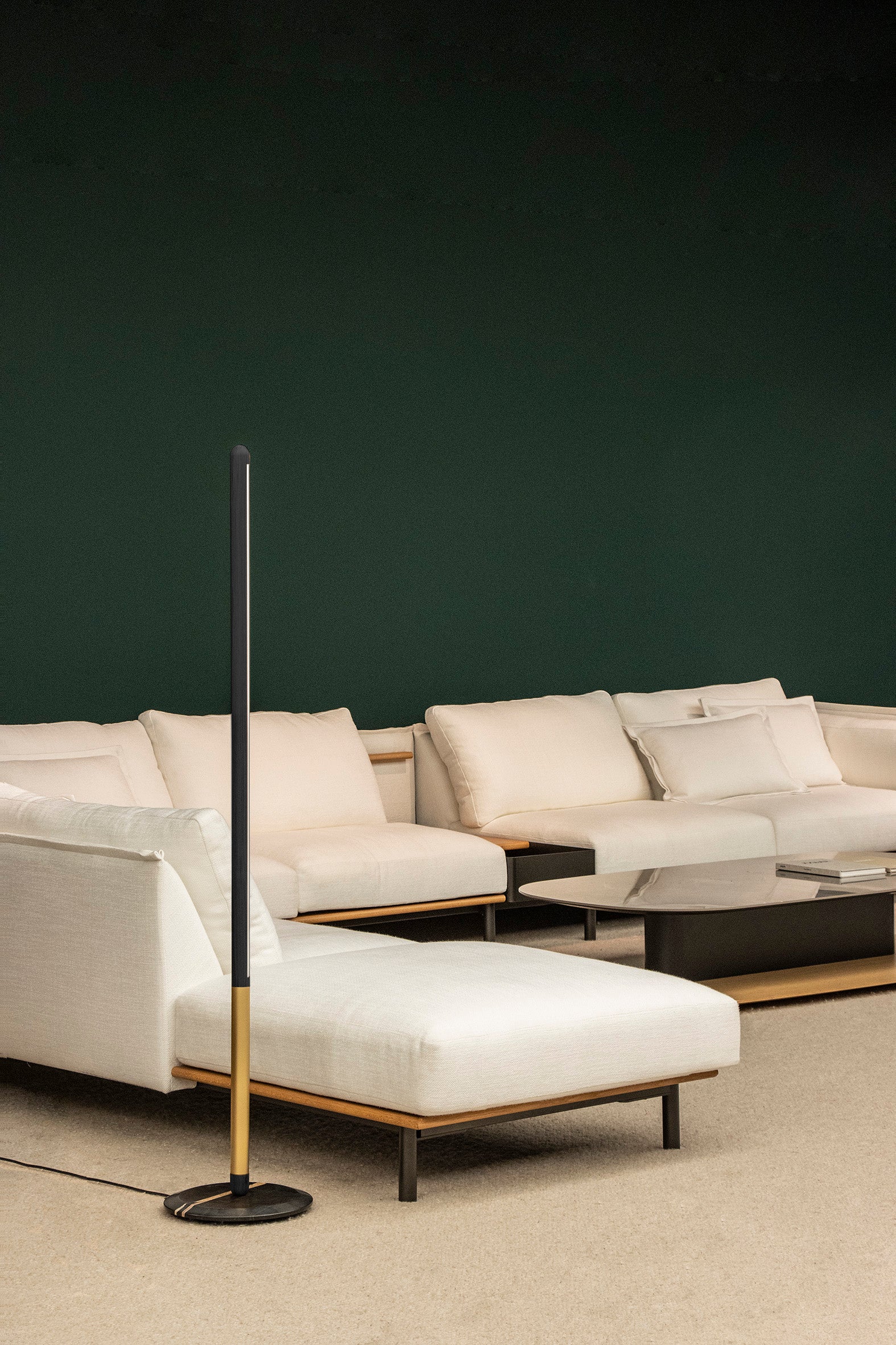 LINEA UNO Floor Lamp in Black Ash Wood with Brass Finish and Marble Base