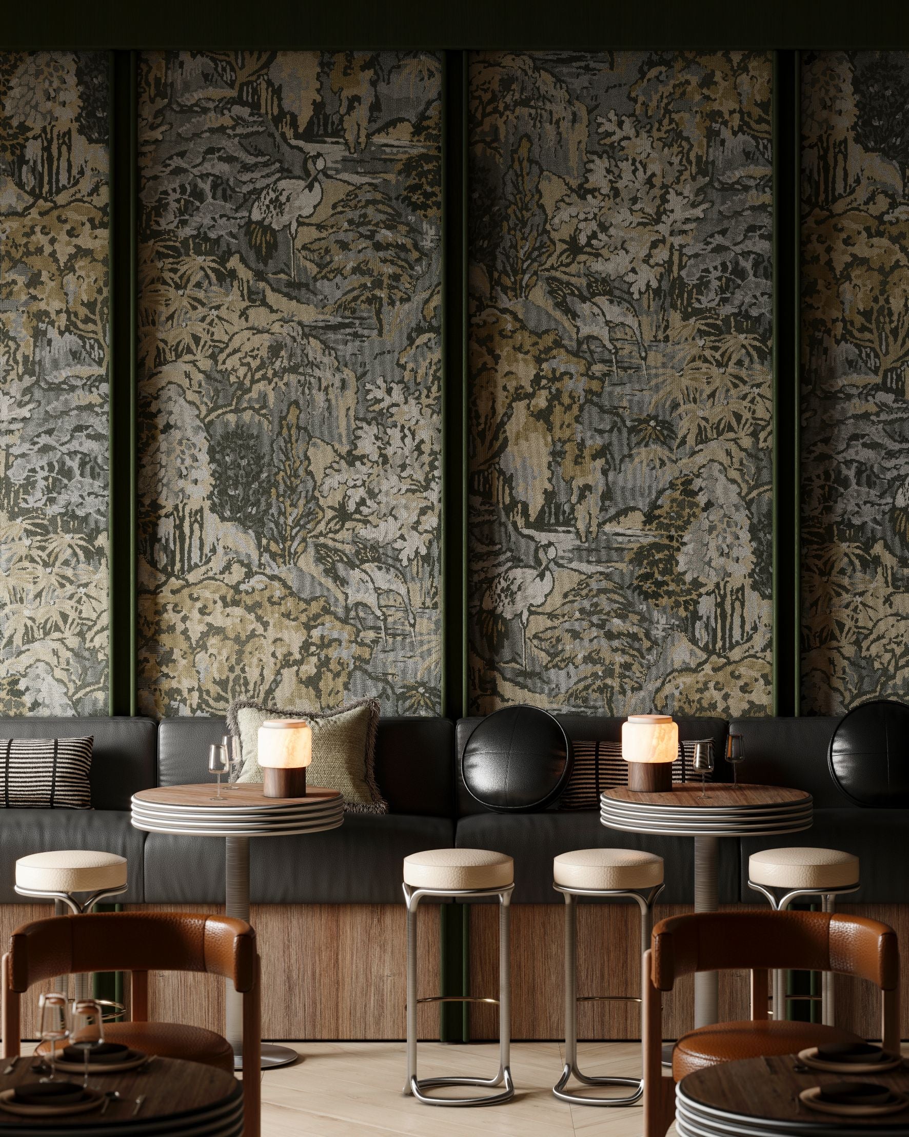 Textilní tapeta s rostlinným a zvířecím motivem RIVERBANK šedá s hnědou