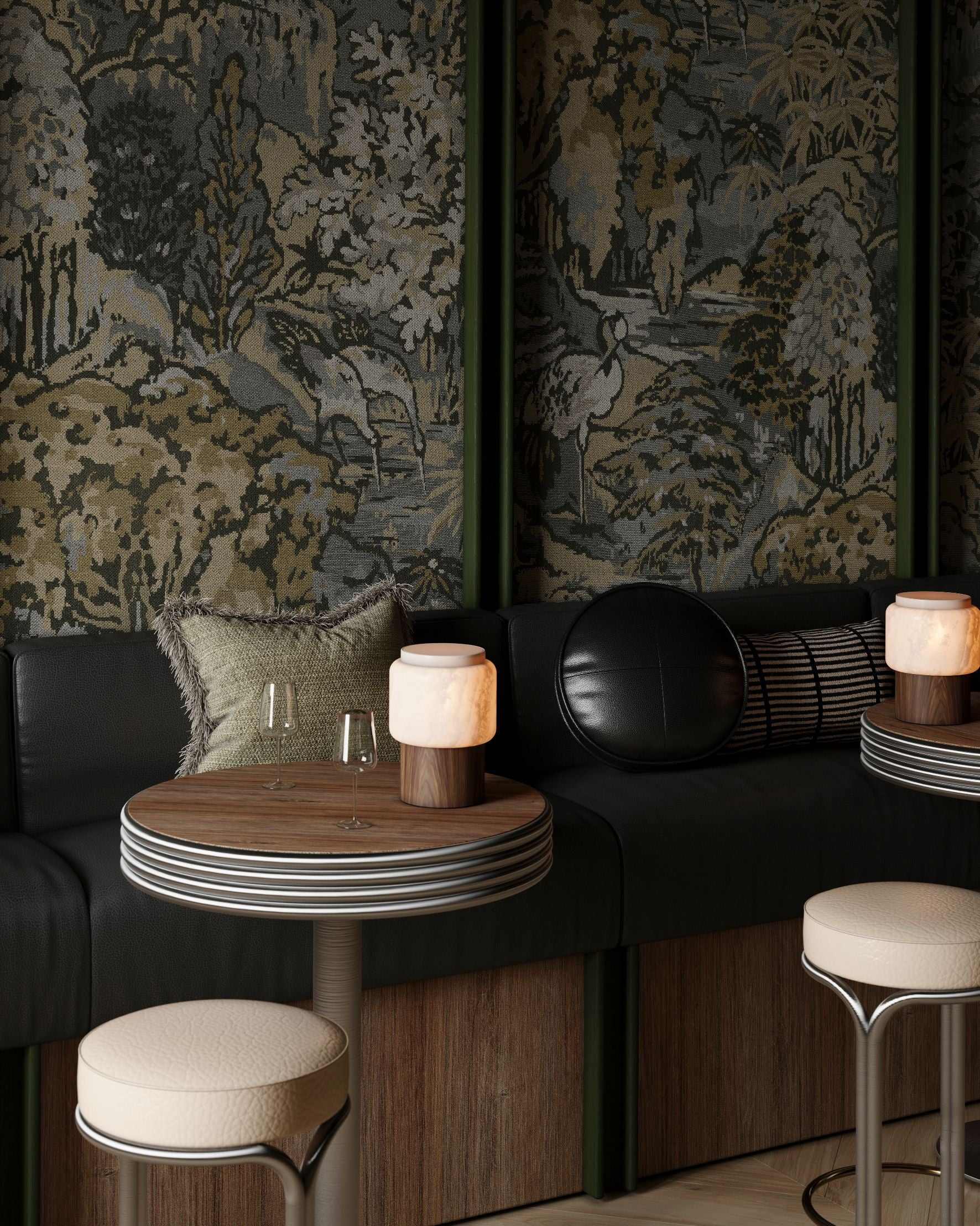 Textilní tapeta s rostlinným a zvířecím motivem RIVERBANK šedá s hnědou