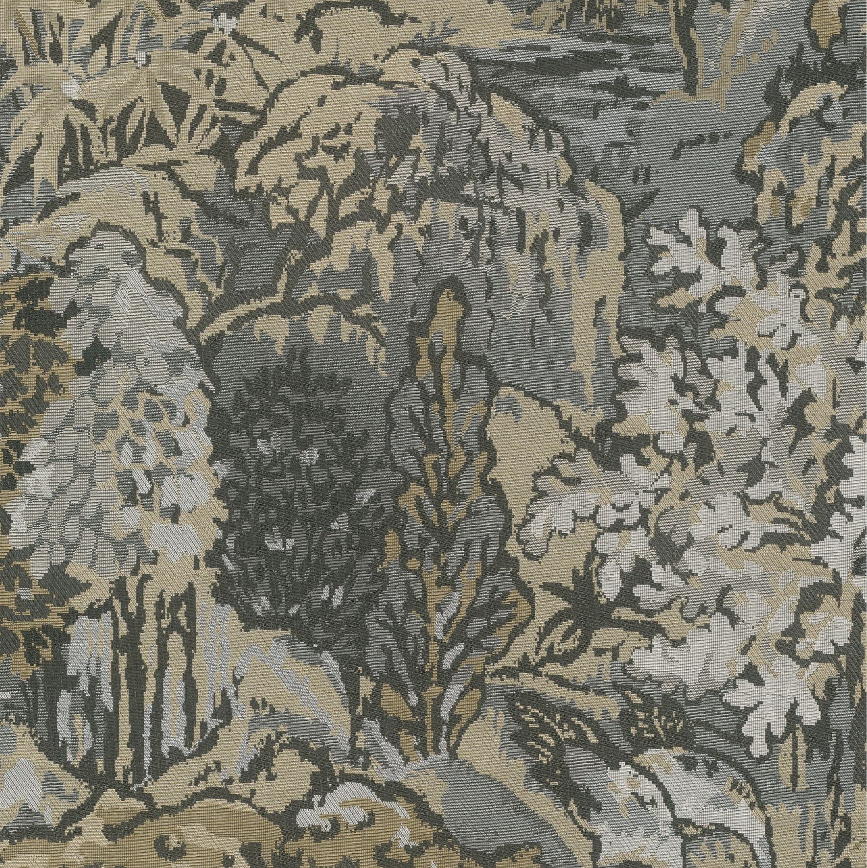 Textilní tapeta s rostlinným a zvířecím motivem RIVERBANK šedá s hnědou