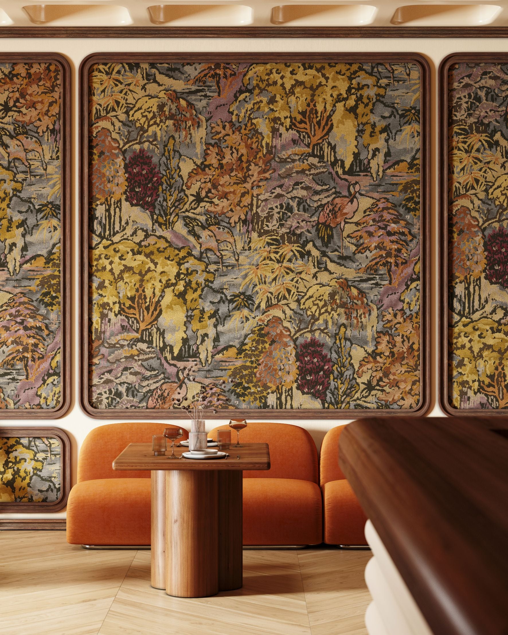 Textile wallpaper with a plant and animal motif RIVERBANK gold with orange