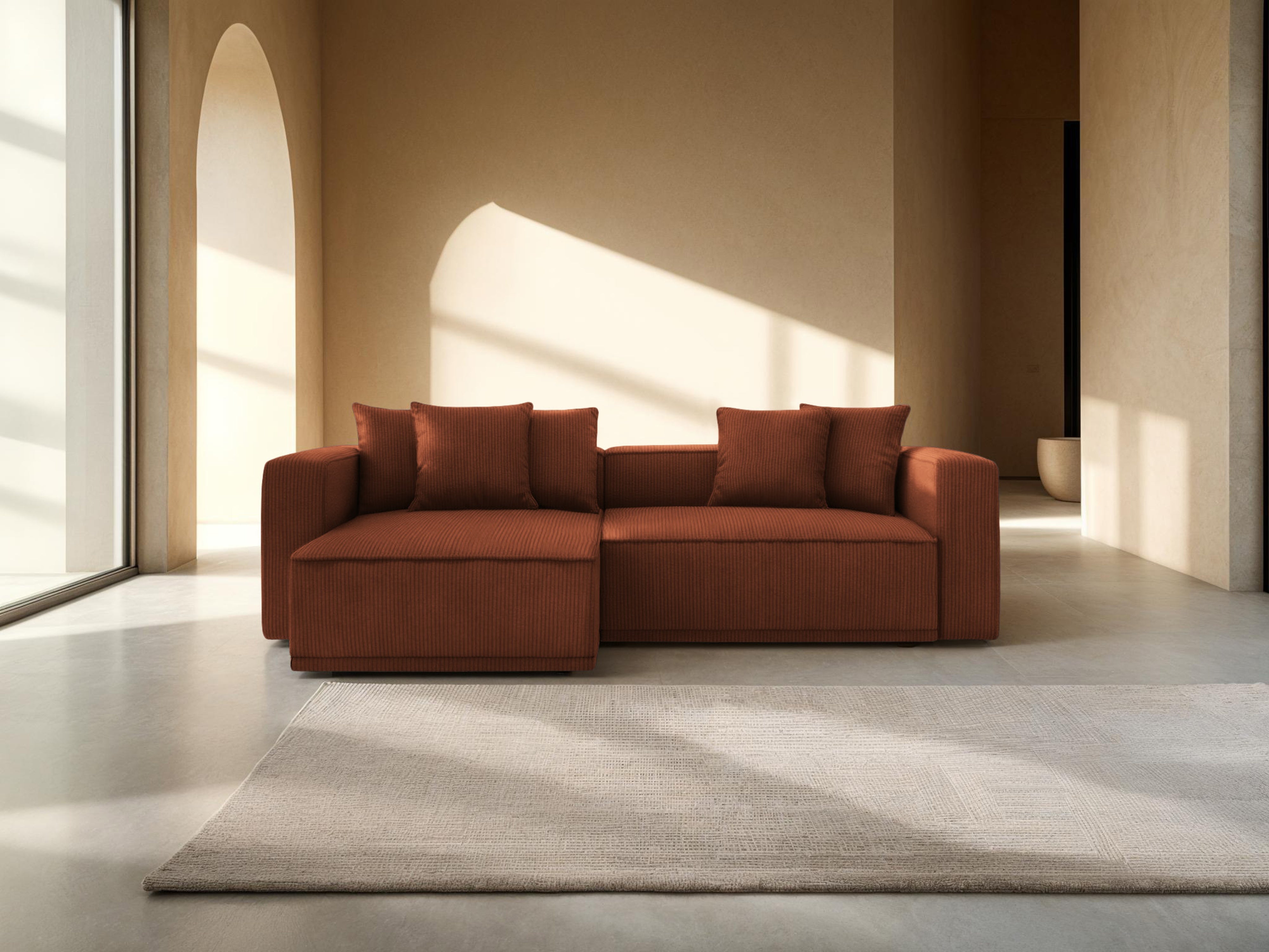 Rohová sedačka s funkcí spaní RIBES cihlový štruks