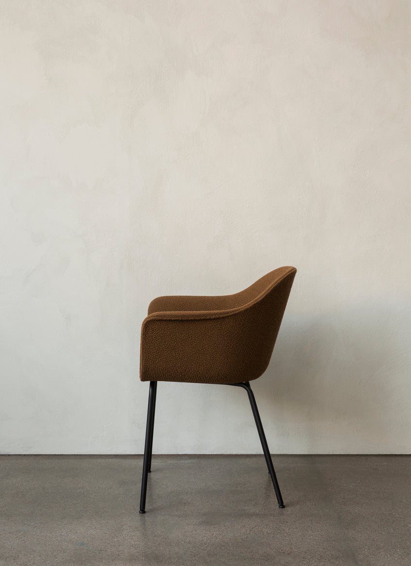 HARBOUR Armchair with Armrests, Cognac Leather with Oak Base