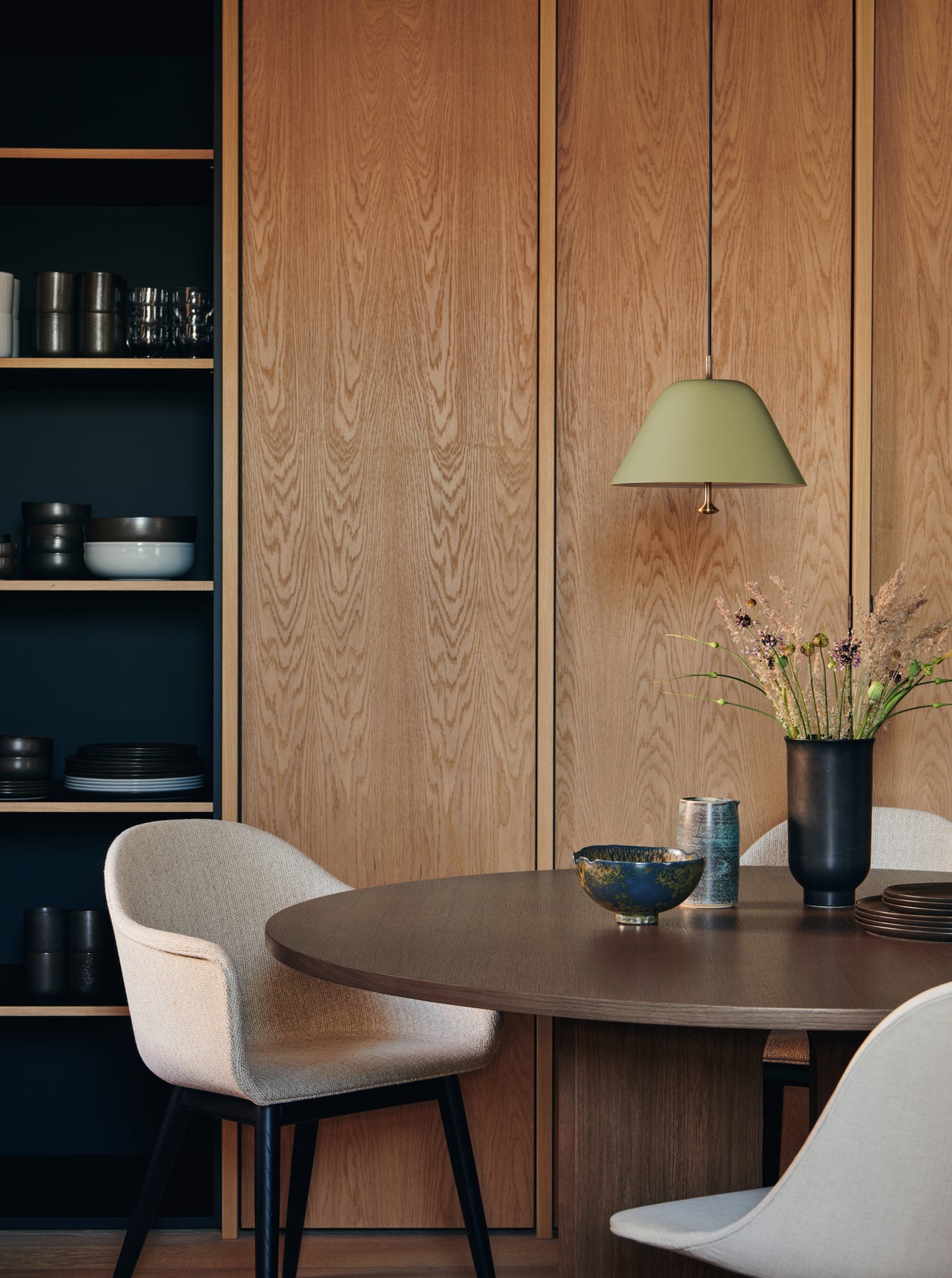 HARBOUR Armchair with Armrests, Cognac Leather with Oak Base