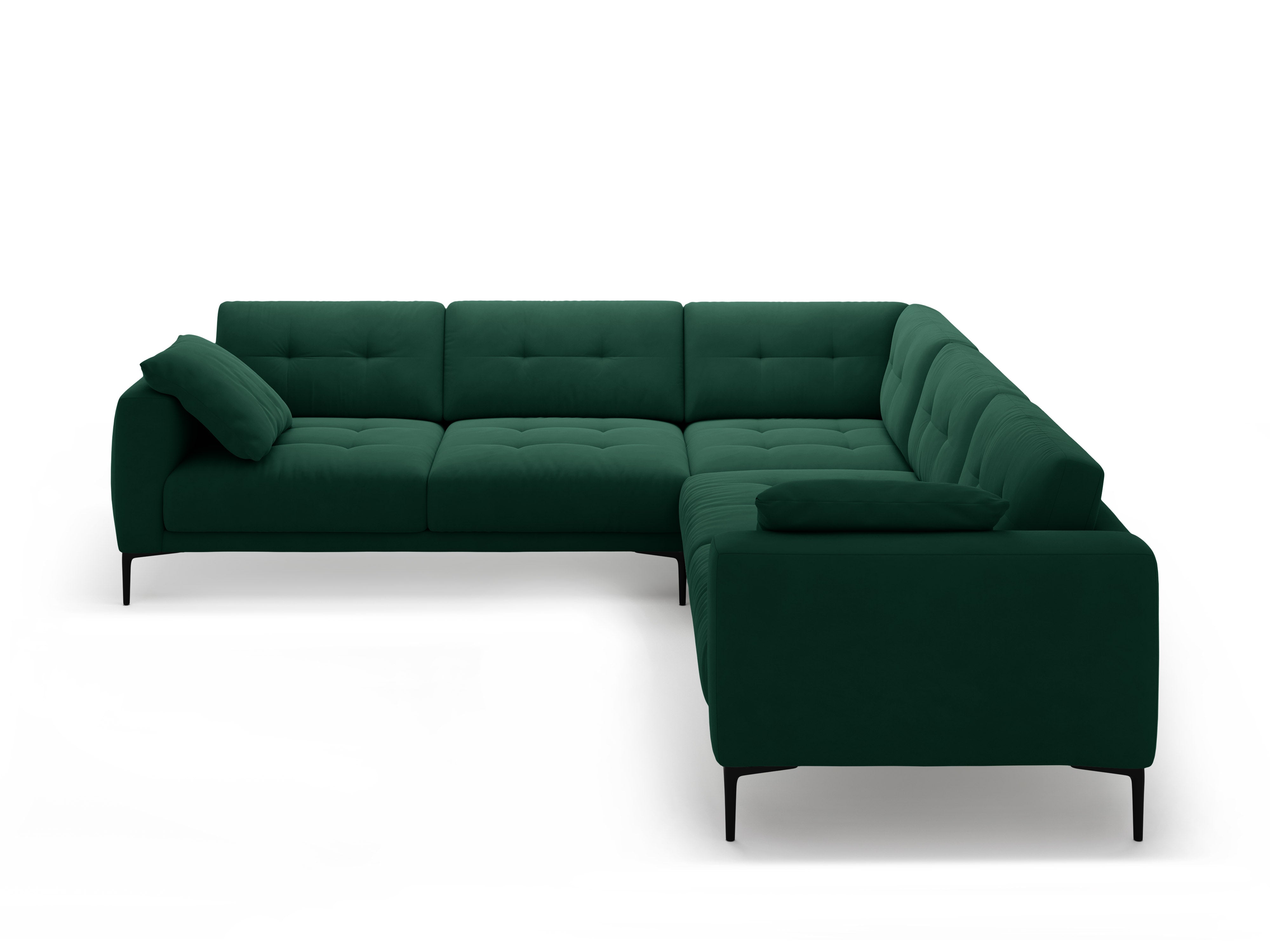 Symetrický sametový rohový gauč BEMY v lahvově zelené barvě