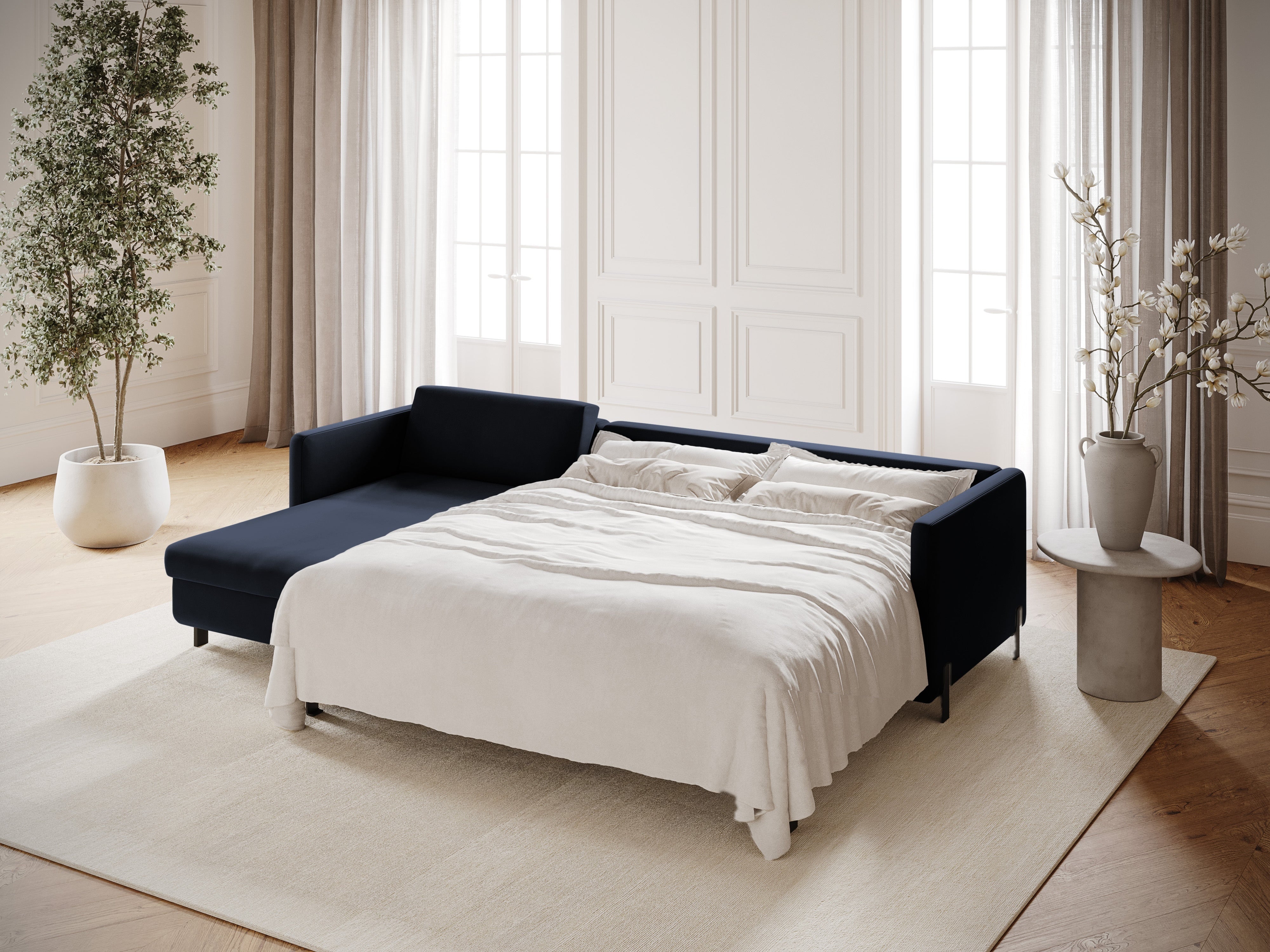 Left-facing velvet corner sofa with sleeping function GLORIA royal blue