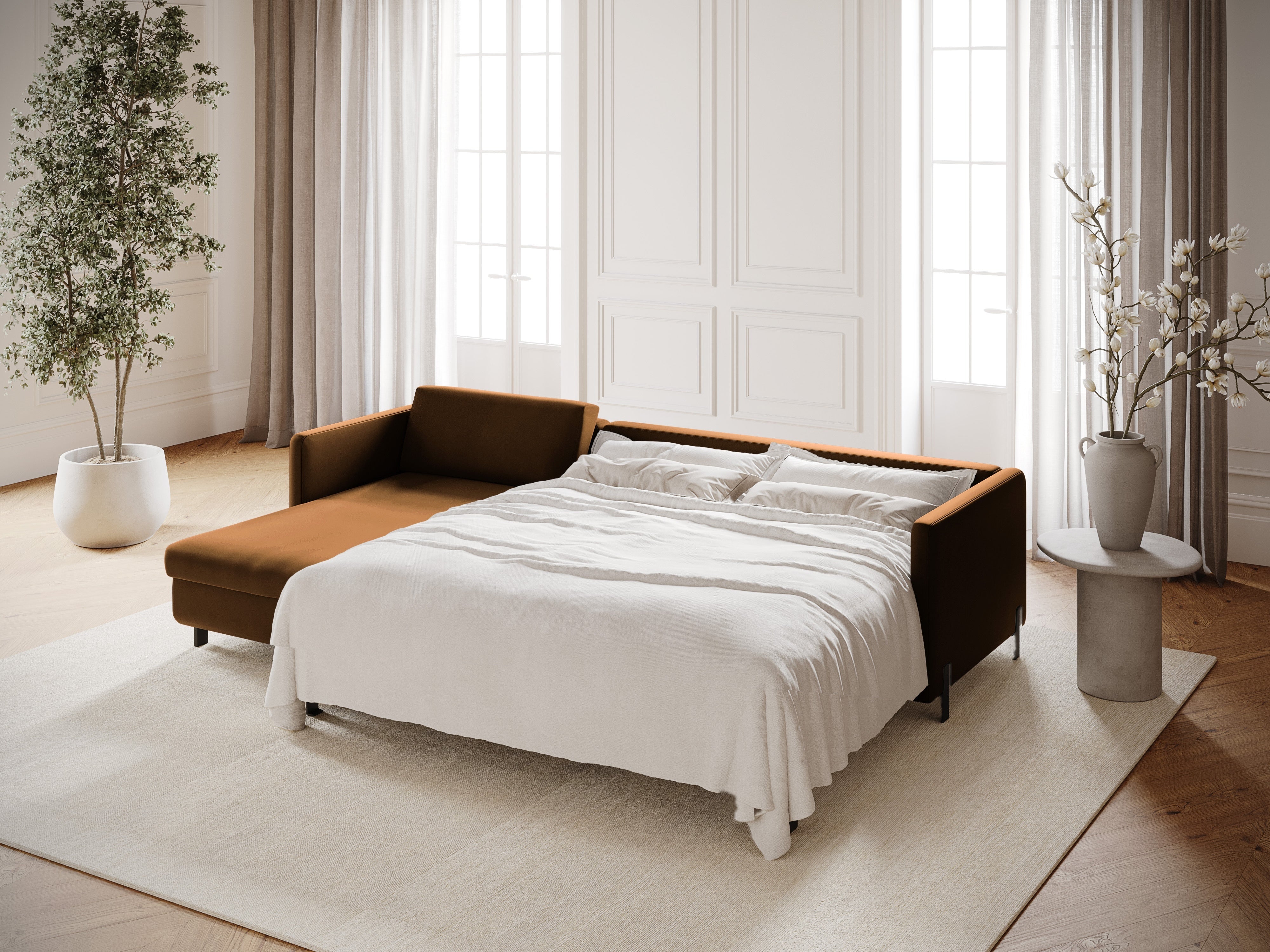 Sametový rohový gauč levostranný s funkcí spaní GLORIA hnědý