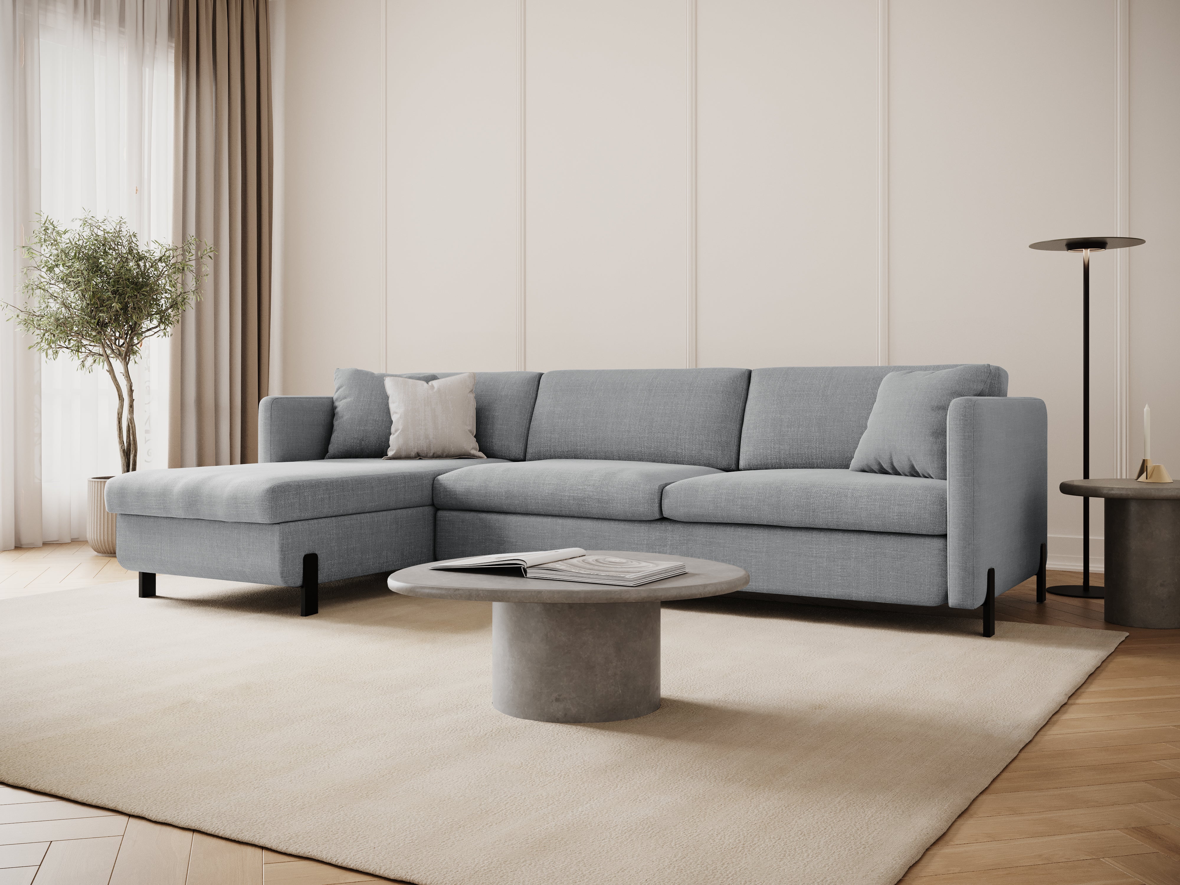 Left-sided corner sofa for 4 people with sleeping function GLORIA light gray chenille