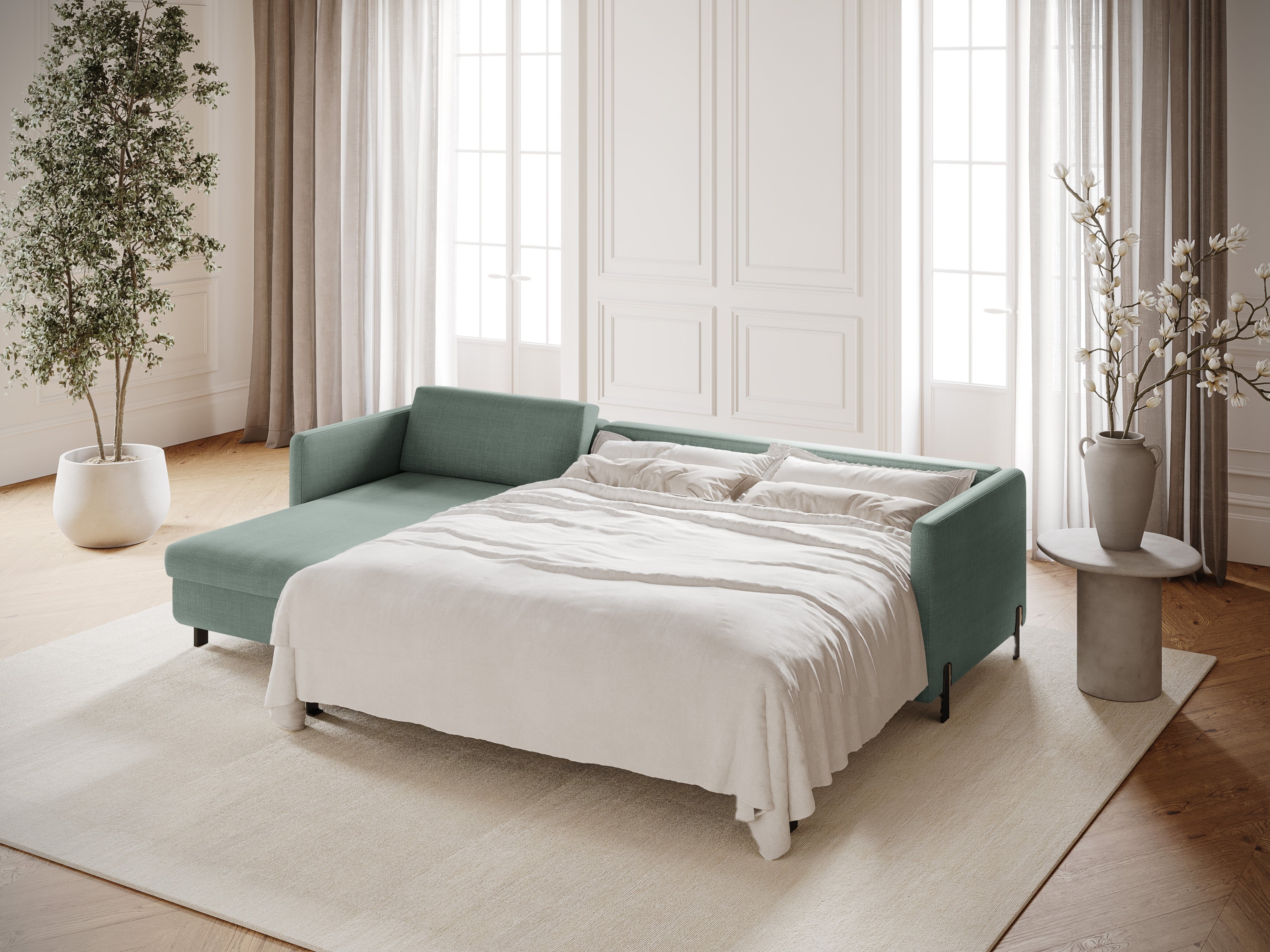 Left-sided corner sofa for 4 people with sleeping function GLORIA mint chenille