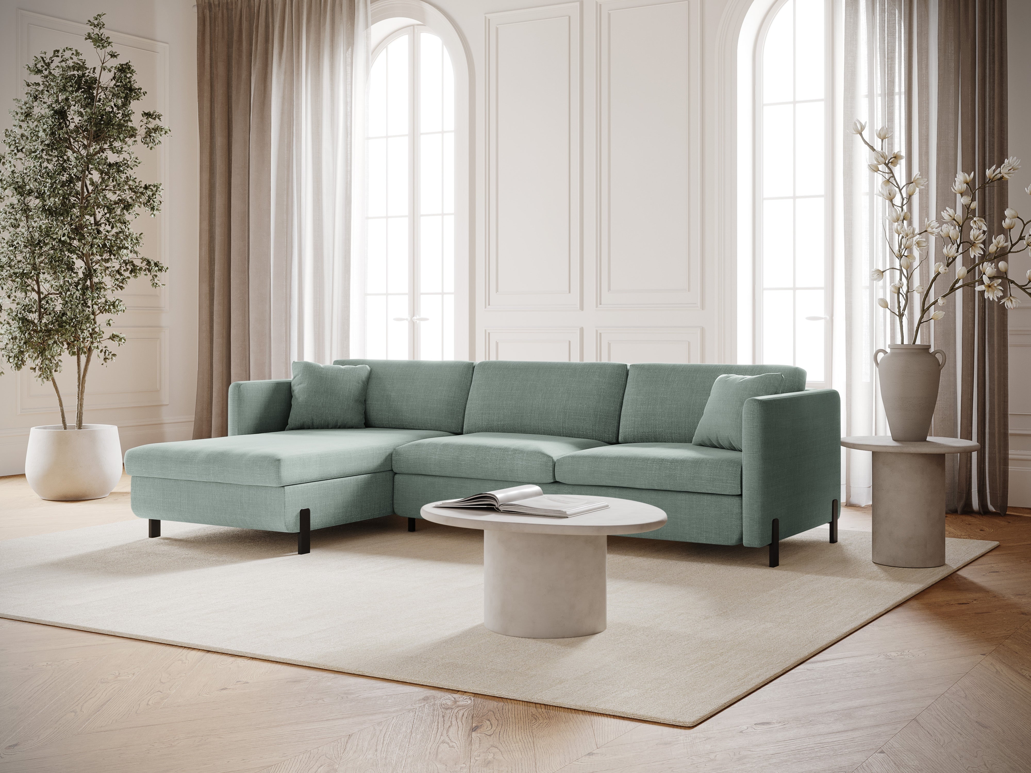 Left-sided corner sofa for 4 people with sleeping function GLORIA mint chenille