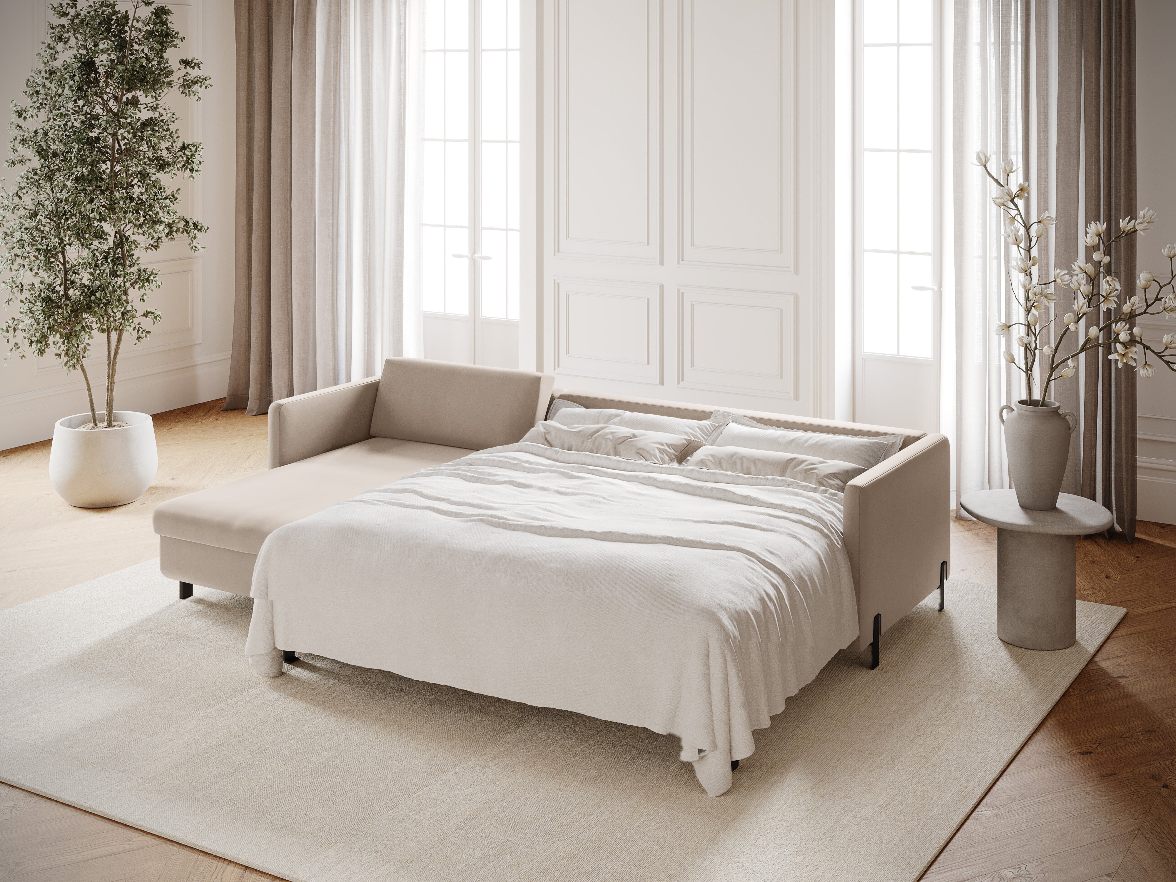 Sametový rohový gauč levostranný pro 4 osoby s funkcí spaní GLORIA béžový