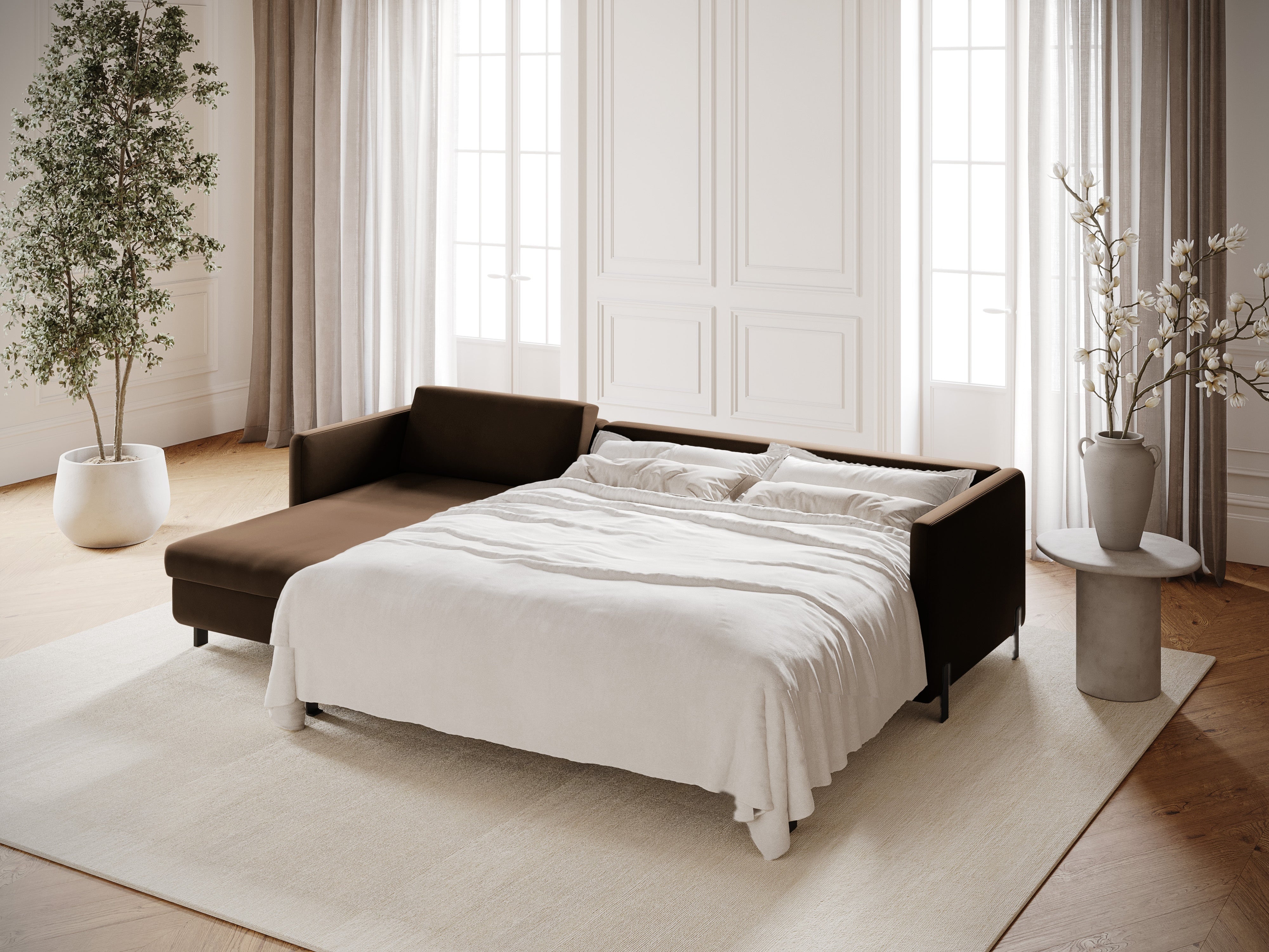 Left-facing velvet corner sofa for 4 people with sleeping function GLORIA chocolate