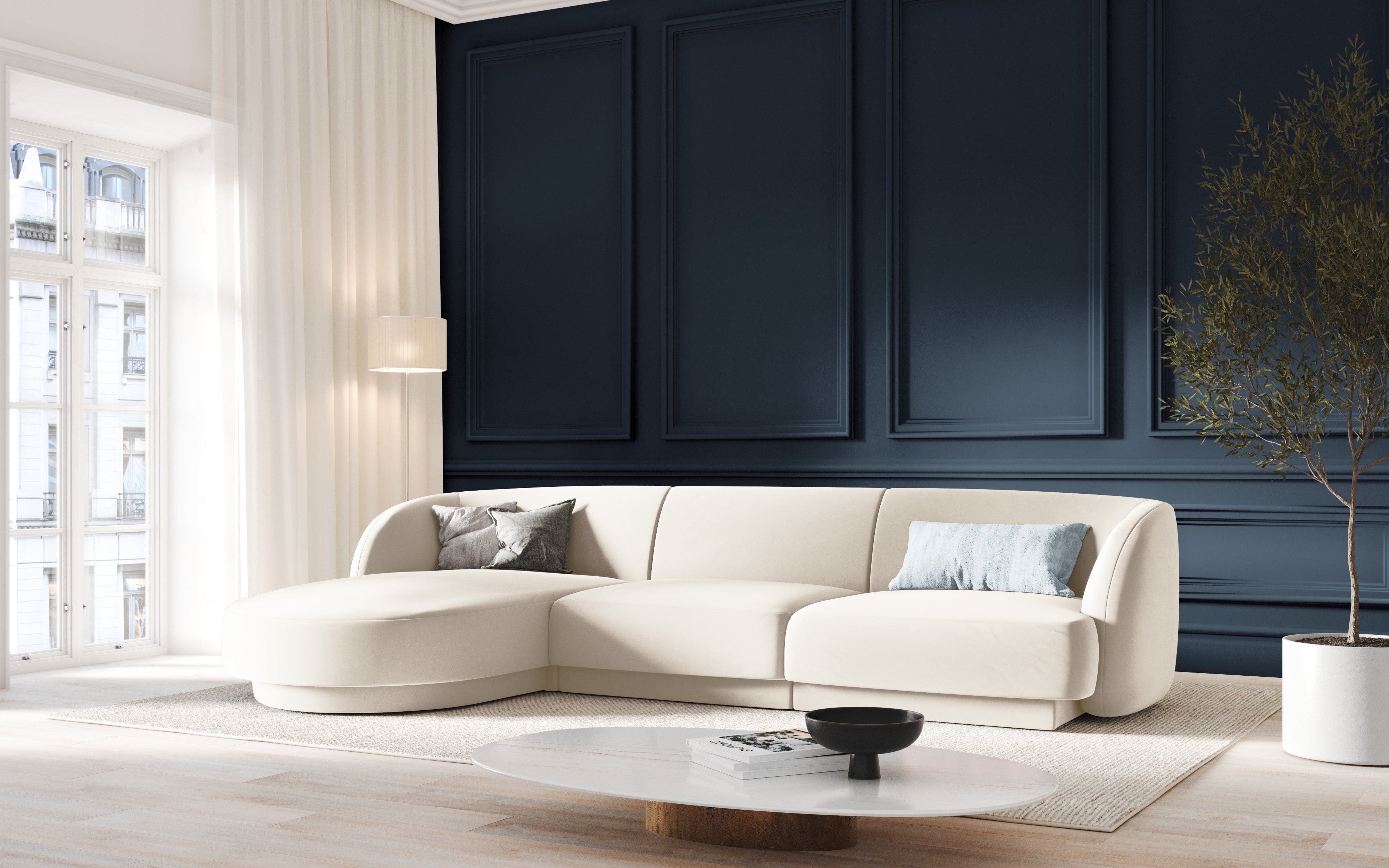 Rohová sedací souprava pro 4 osoby pravostranná MILEY slonová kost šenil