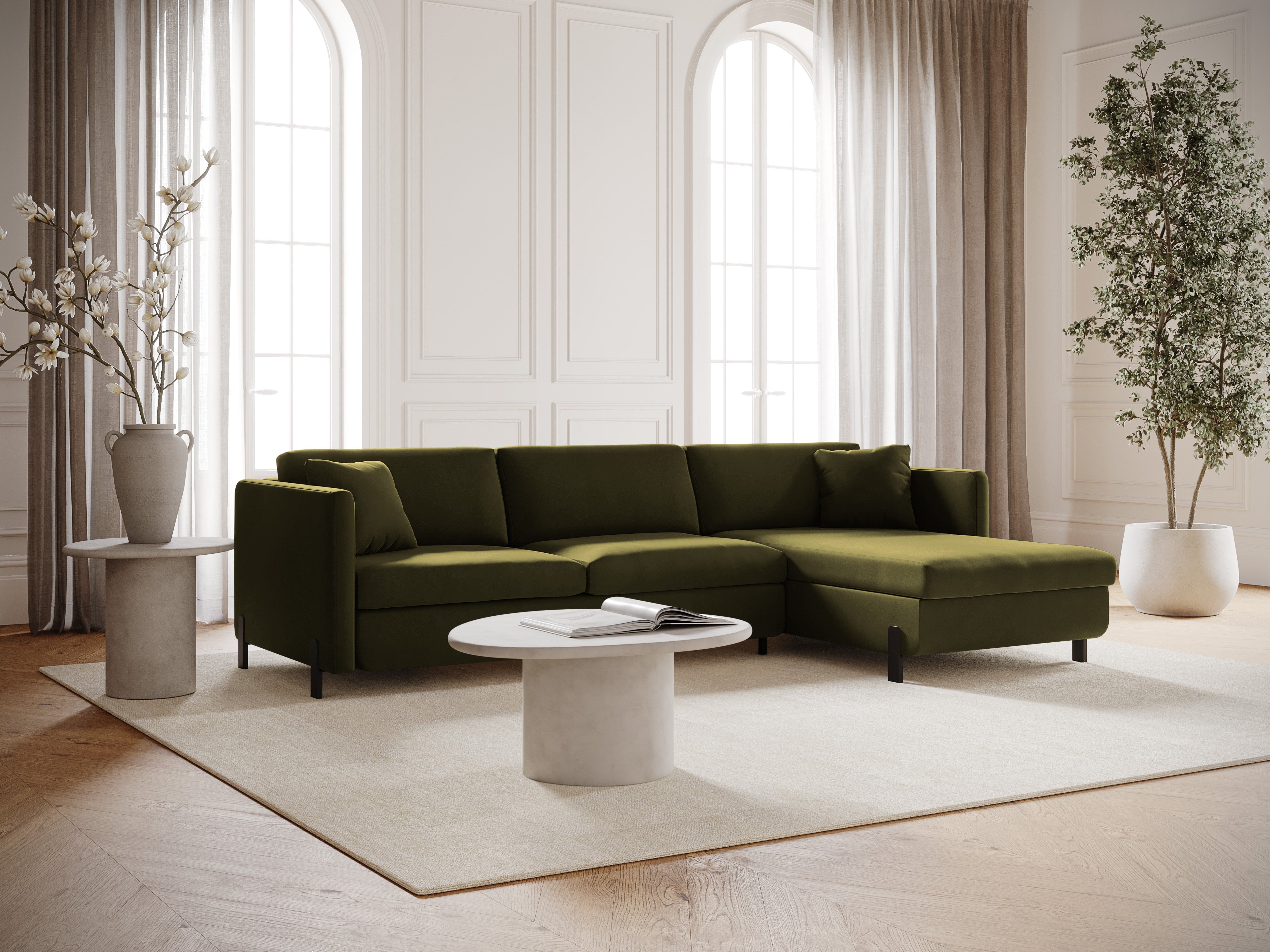 Right-facing velvet corner sofa with sleeping function GLORIA green