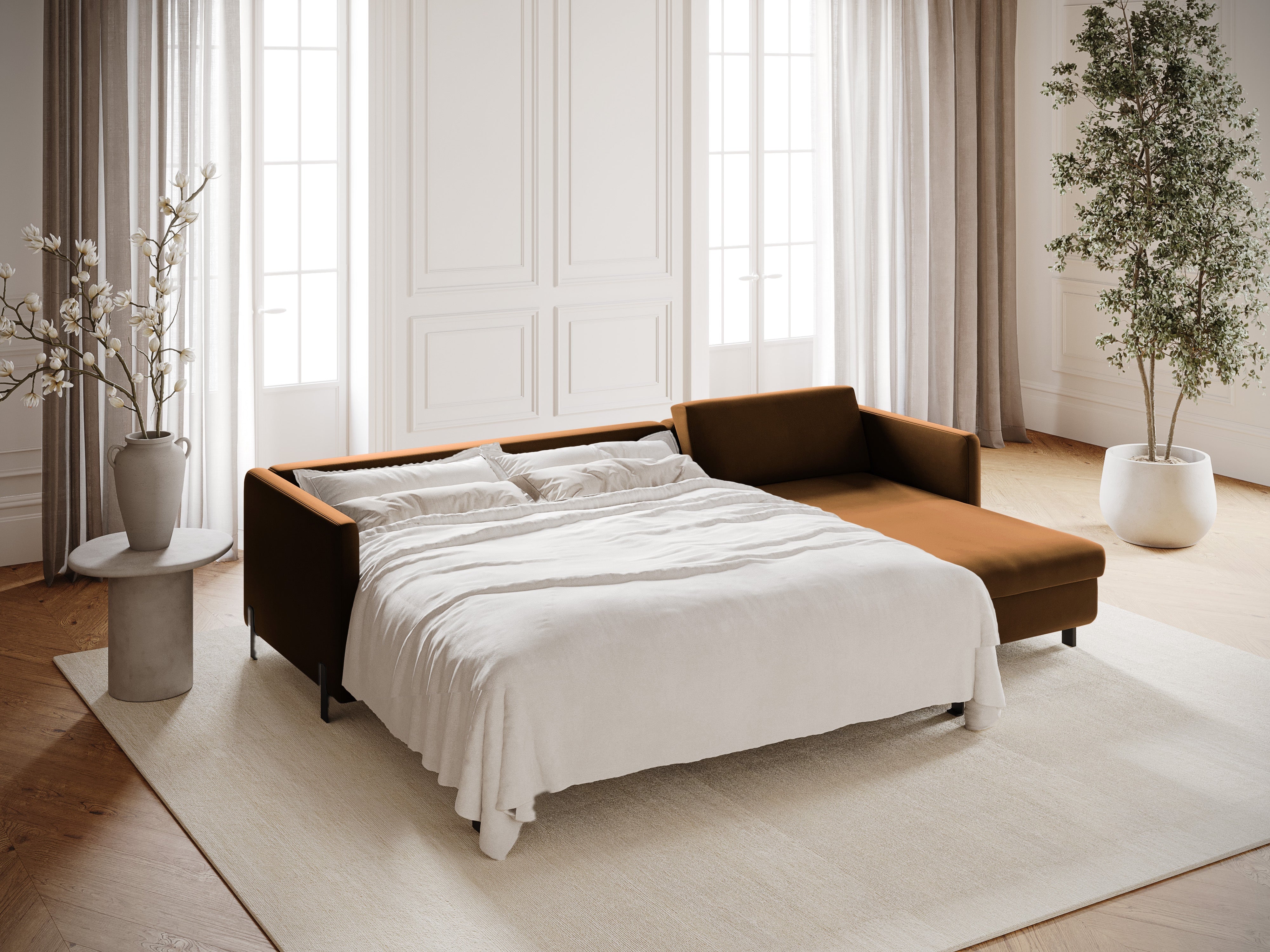 Right-facing velvet corner sofa with sleeping function GLORIA brown