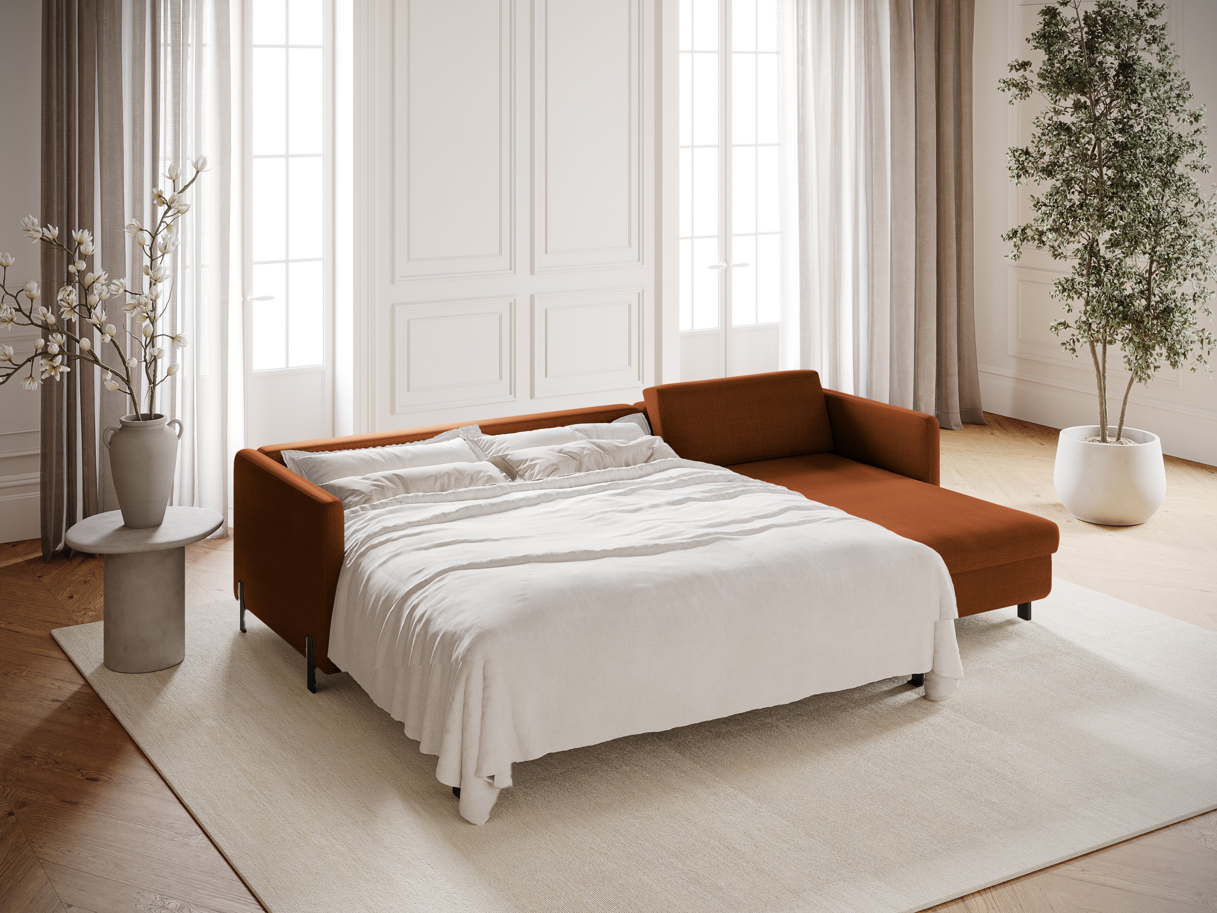 Pravostranný rohový gauč pro 4 osoby s funkcí spaní GLORIA cihlový šenil