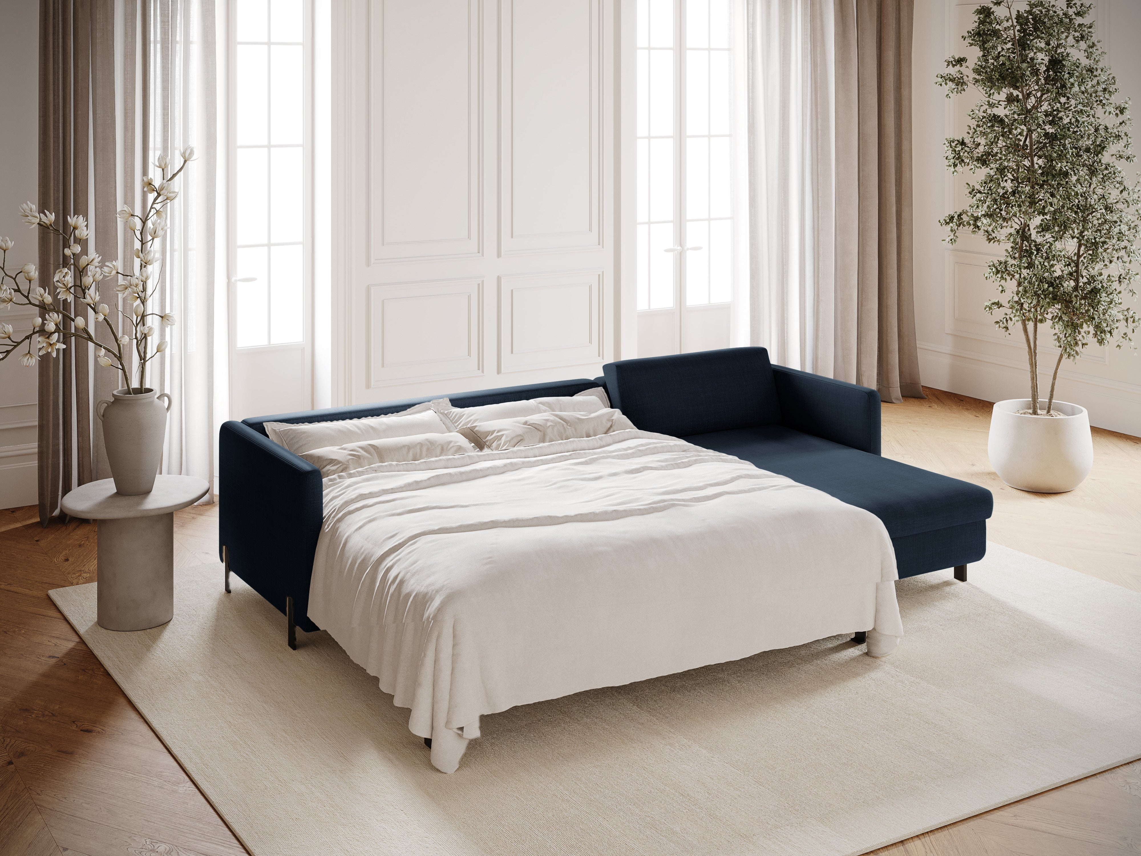 Right-facing corner sofa for 4 people with sleeping function GLORIA blue chenille