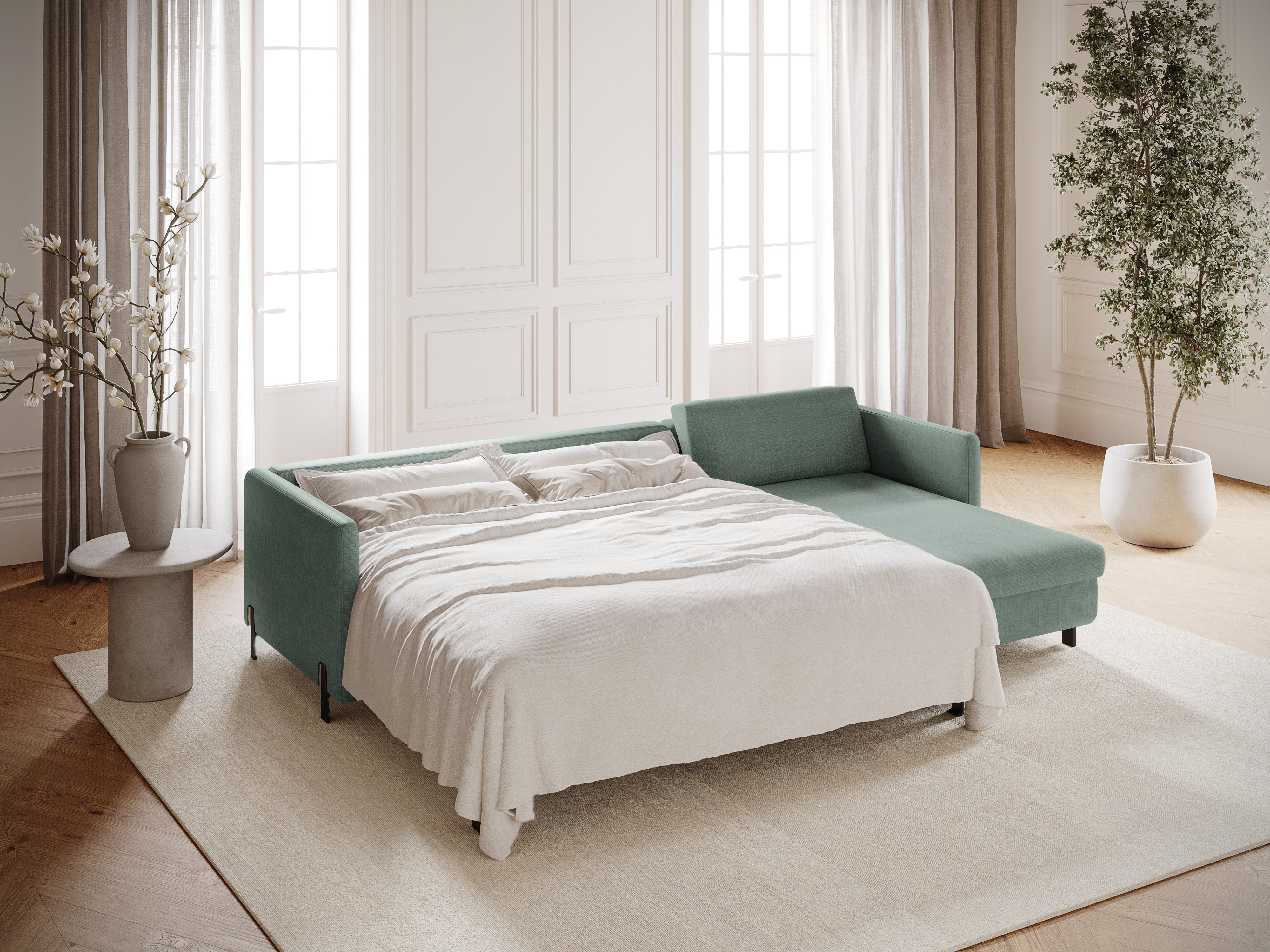 Rohová sedací souprava pro 4 osoby s funkcí spaní GLORIA mátový šenil