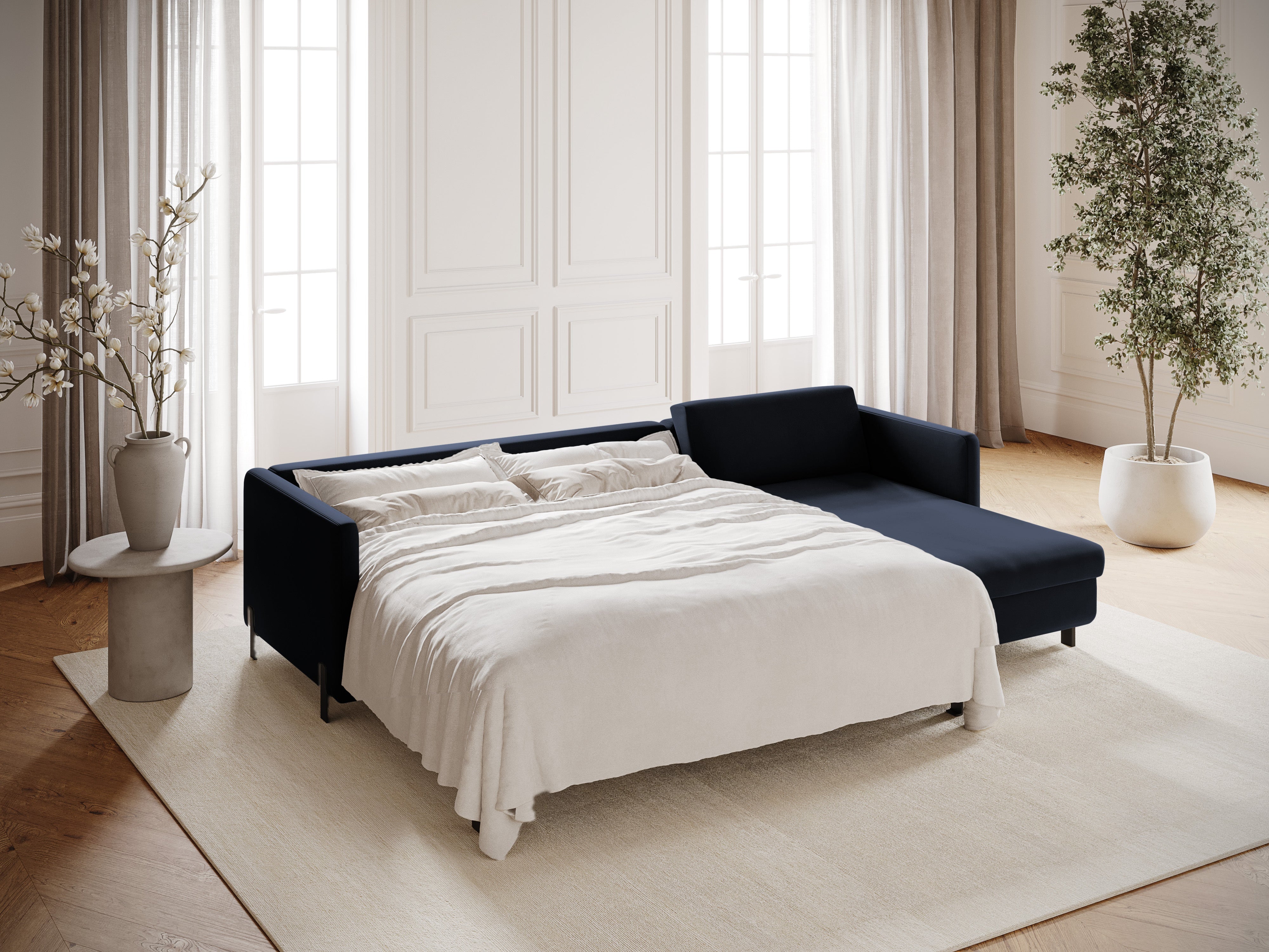 Sametový rohový gauč pravostranný pro 4 osoby s funkcí spaní GLORIA královsky modrý