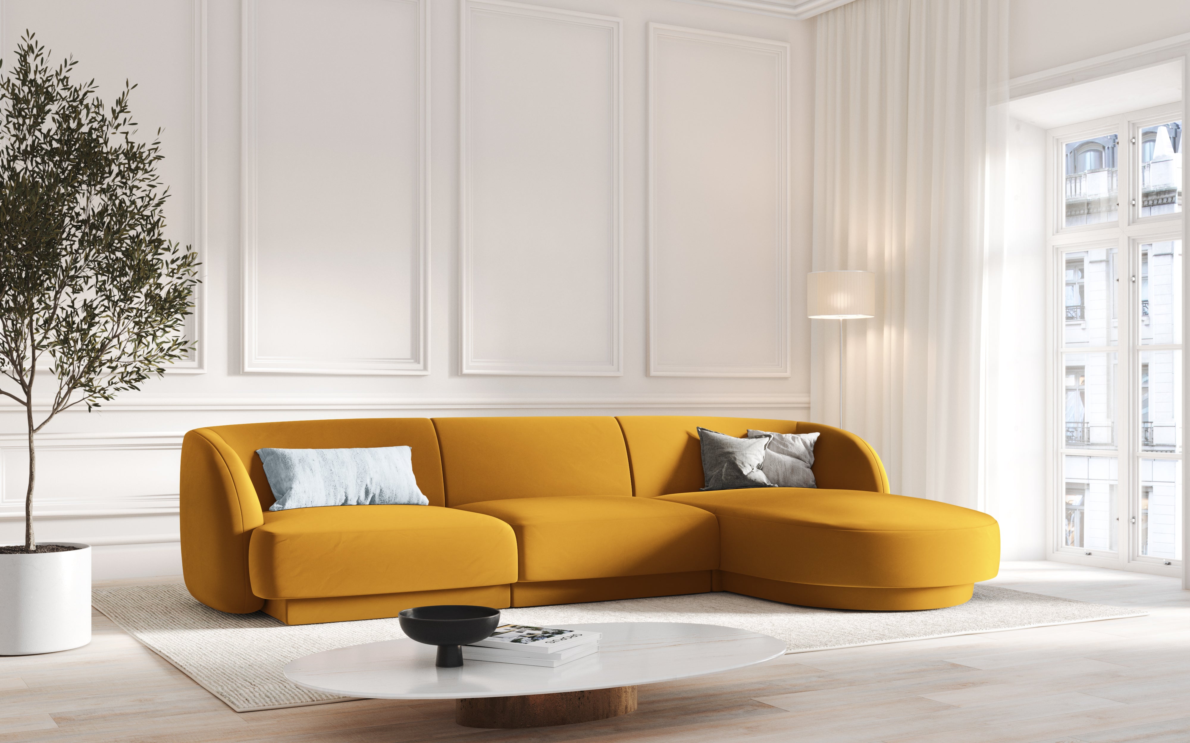 Narożnik aksamitny 4-osobowy prawostronny MILEY żółty Micadoni Eye on Design