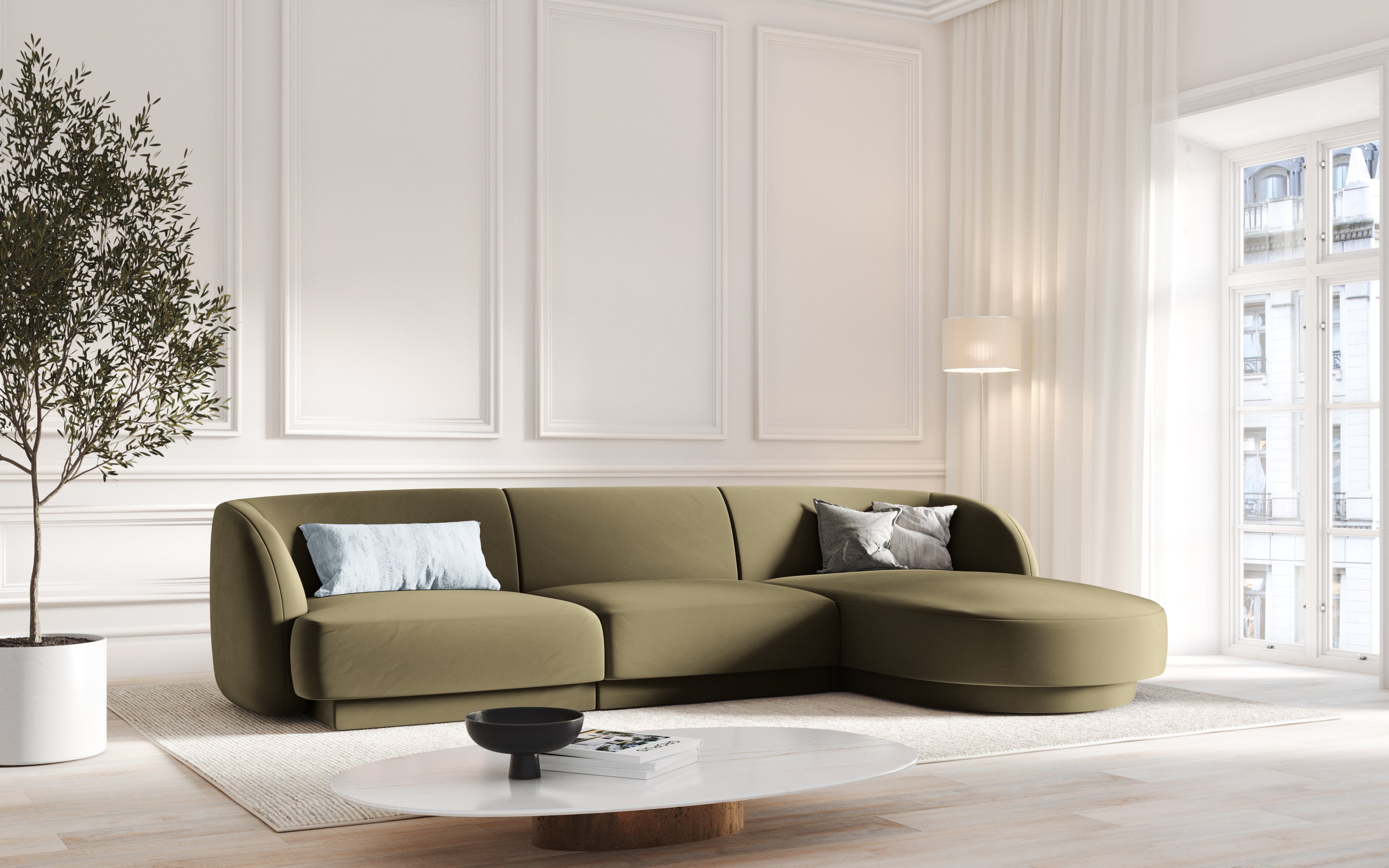 Narożnik aksamitny 4-osobowy prawostronny MILEY zielony Micadoni Eye on Design