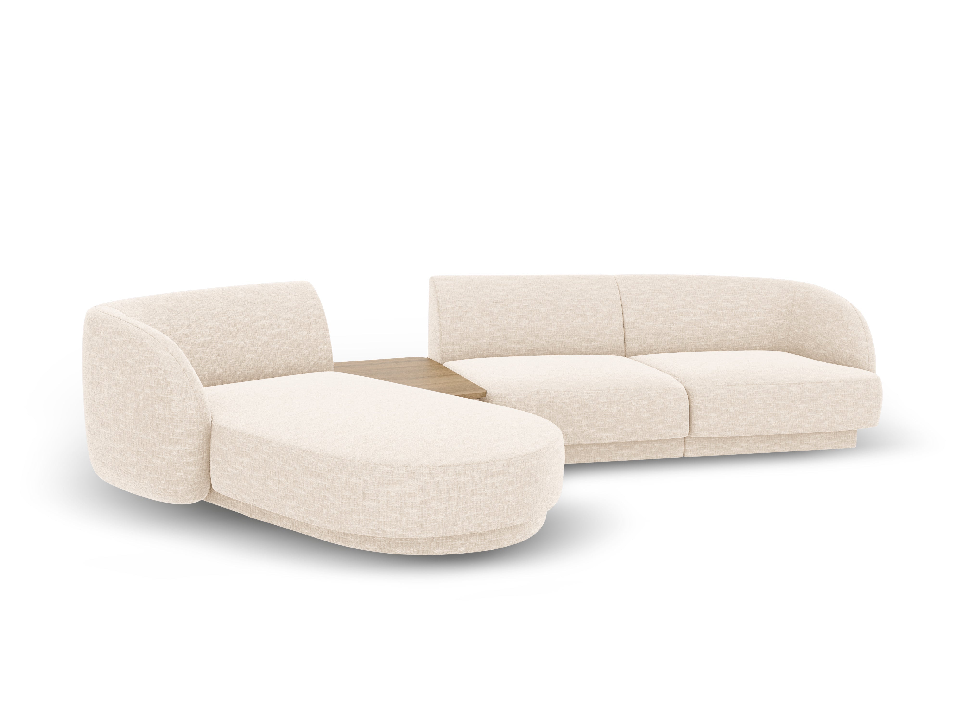 Modular corner sofa with table 3-seater left-sided MILEY light beige silky chenille