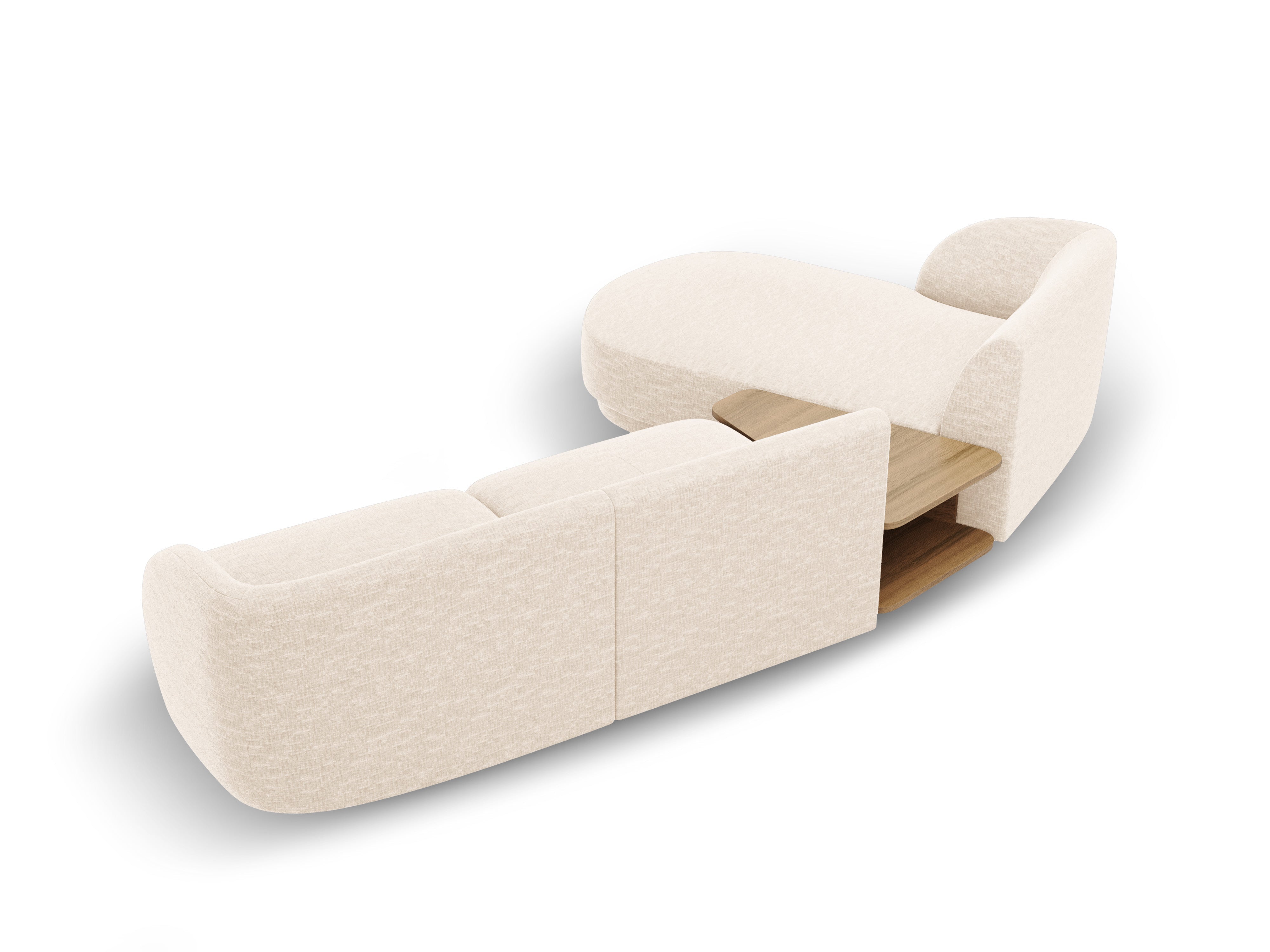 Modular corner sofa with table 3-seater left-sided MILEY light beige silky chenille