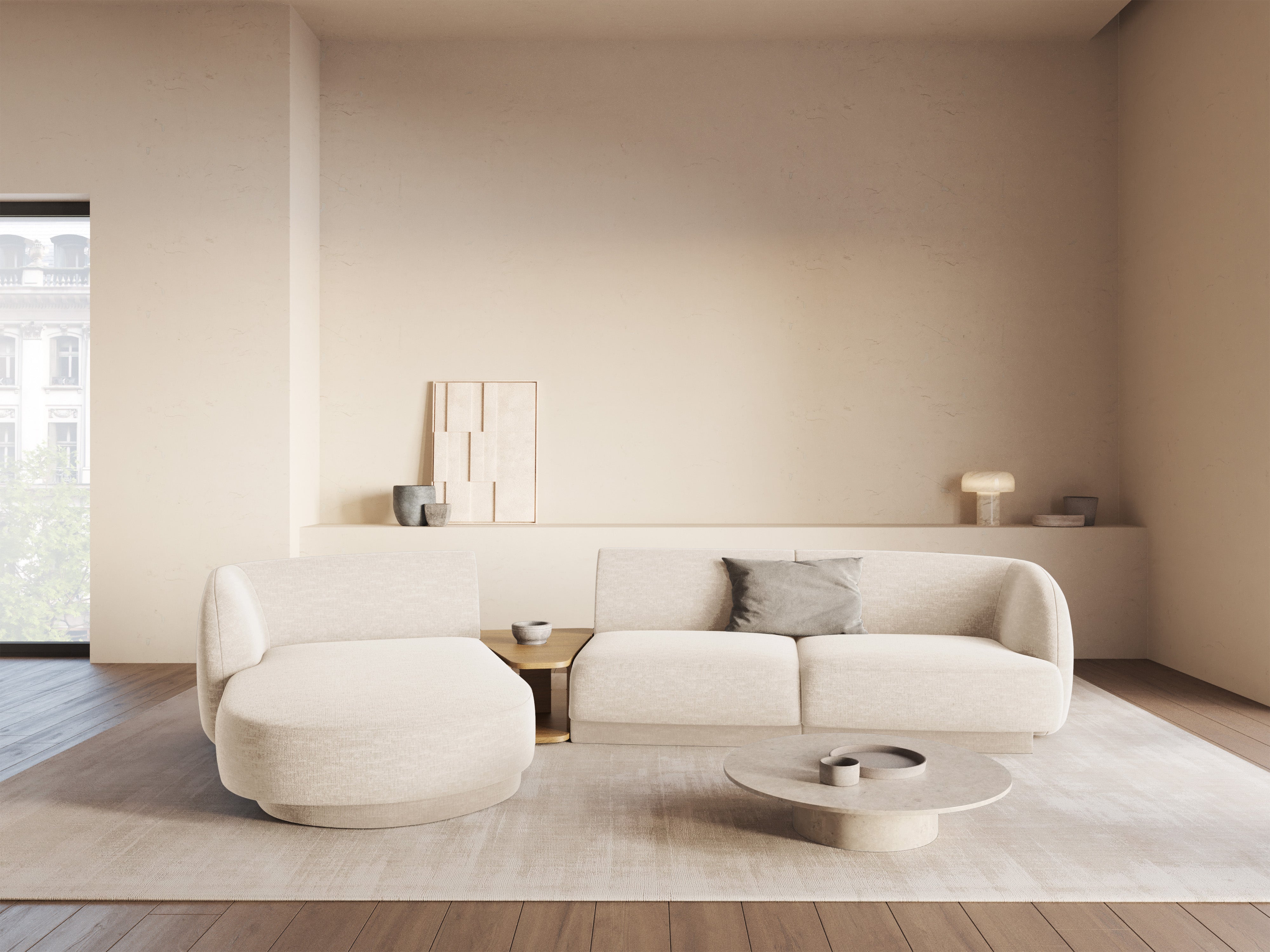 Modular corner sofa with table 3-seater left-sided MILEY light beige silky chenille