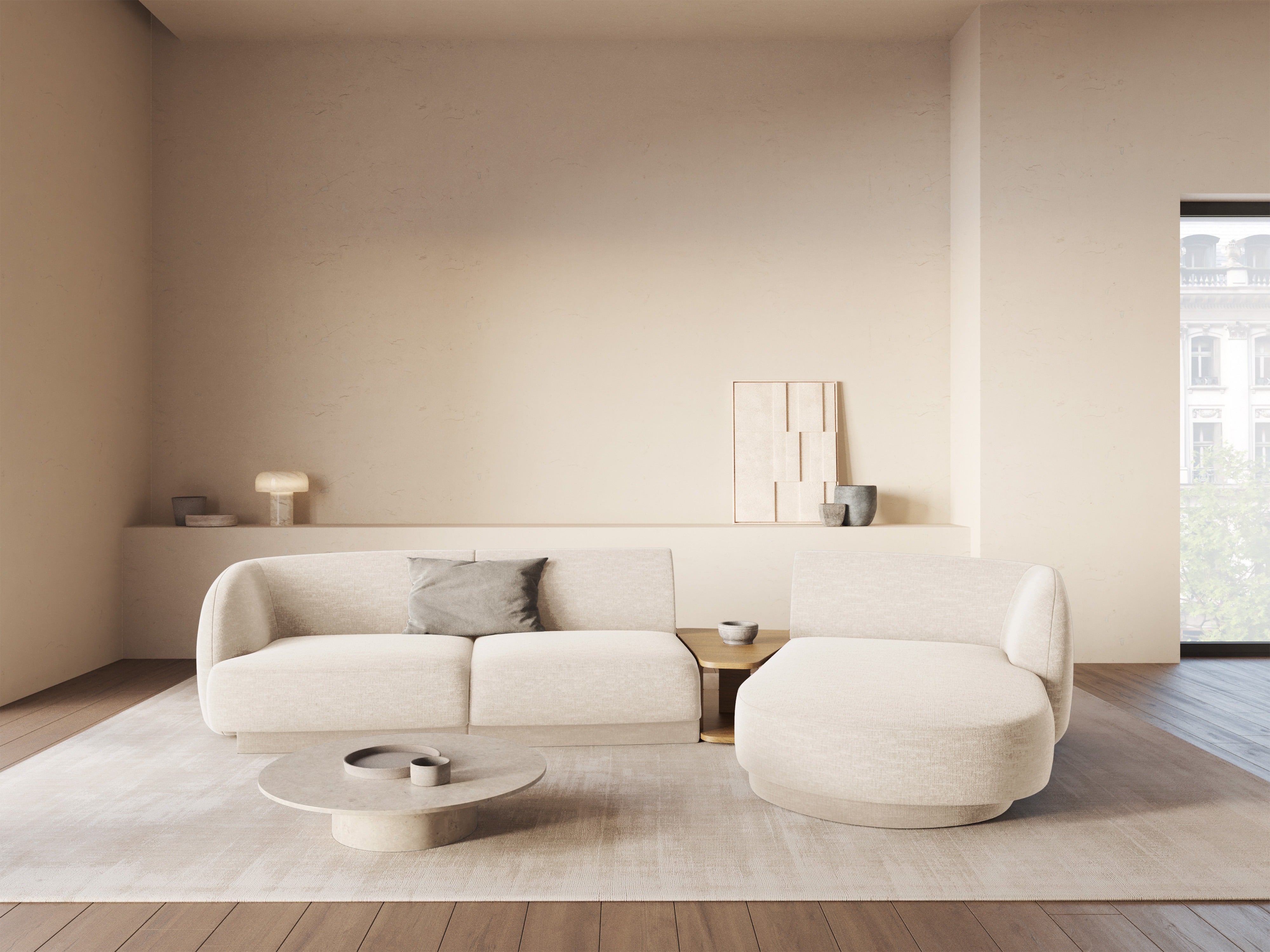 Modular corner sofa with table 3-seater left-sided MILEY white boucle