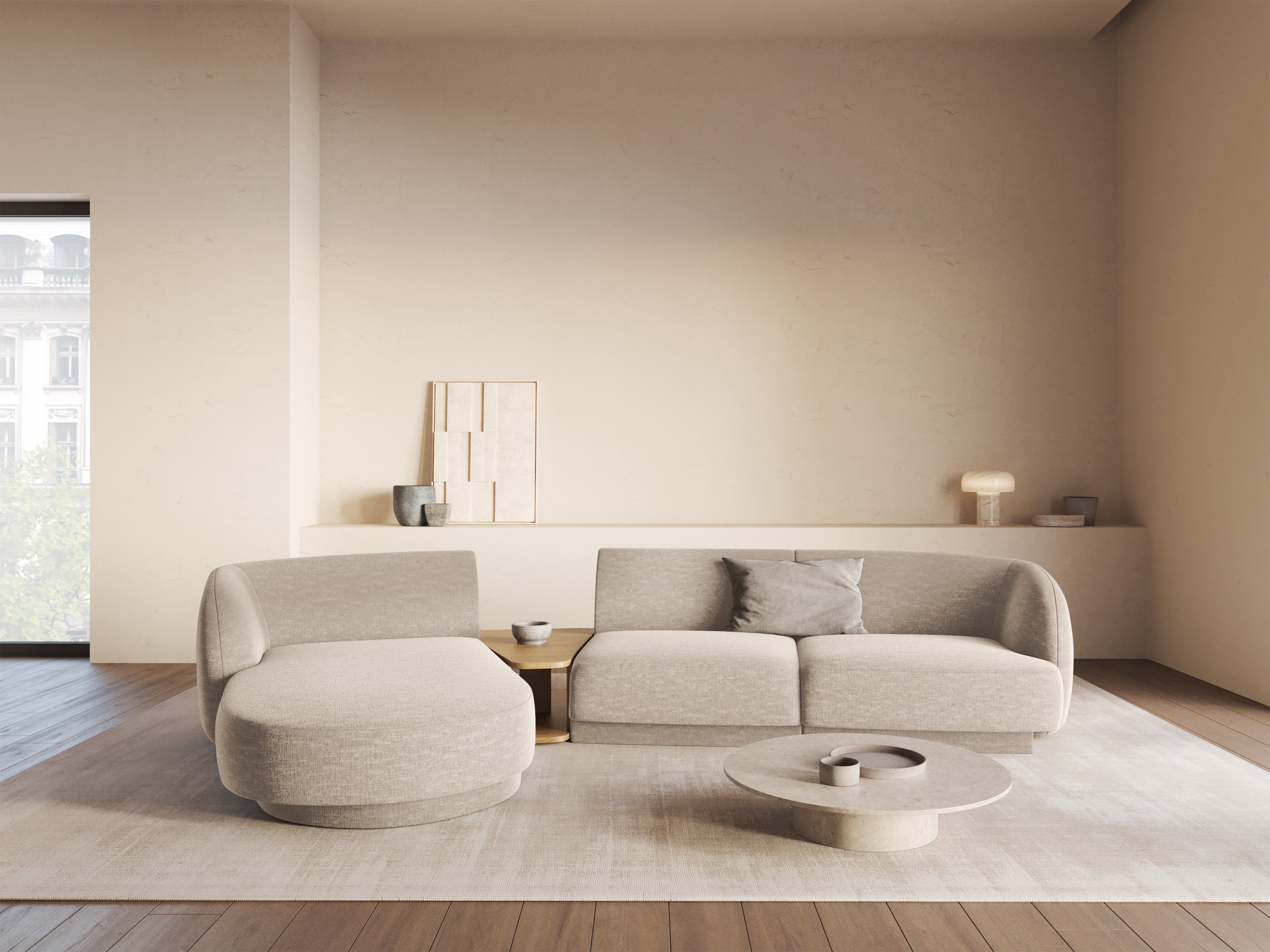 Modular corner sofa with table 3-seater left-sided MILEY beige silky chenille