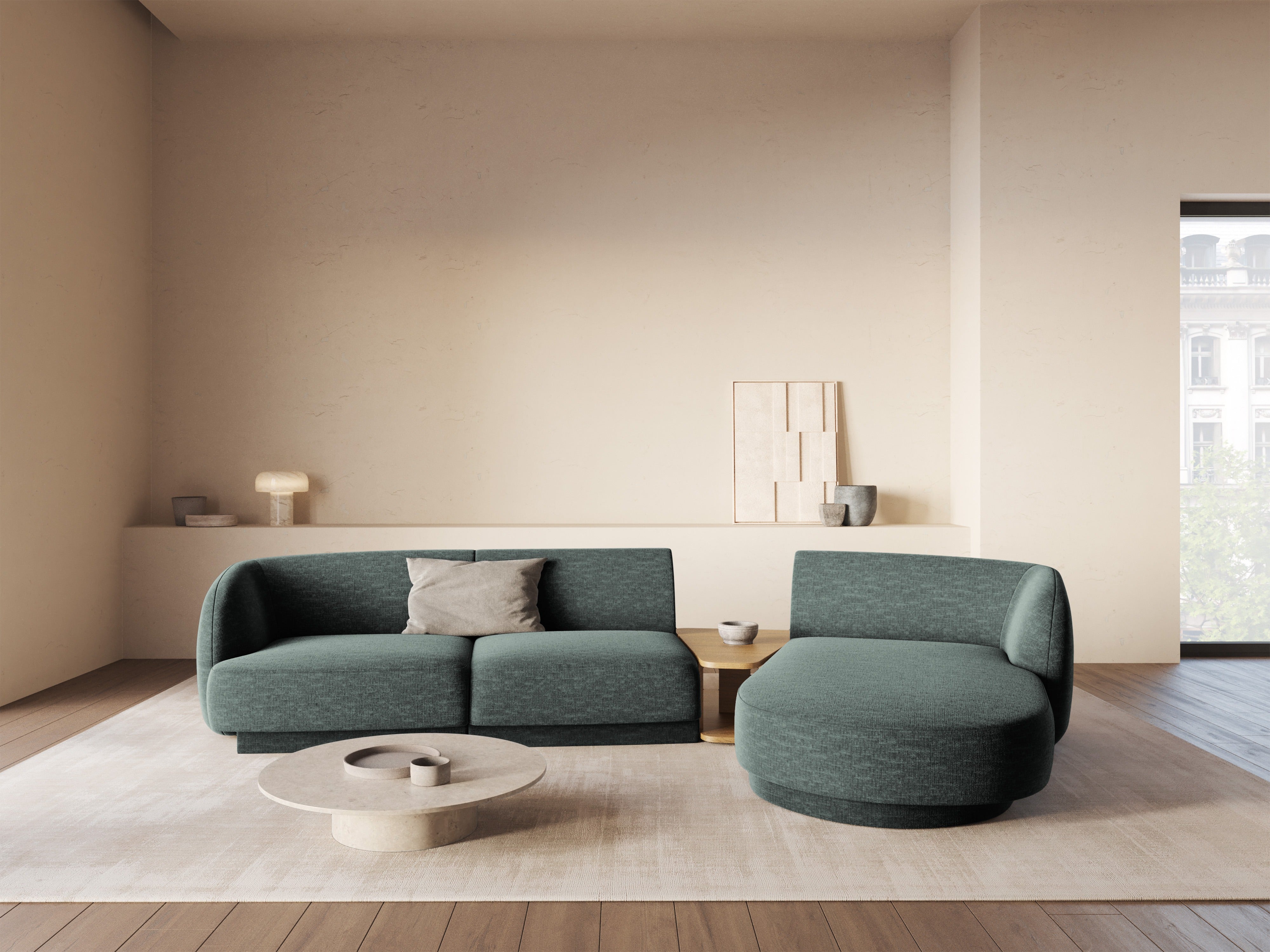 Modular corner sofa with table 3-seater right-sided MILEY petrol silky chenille