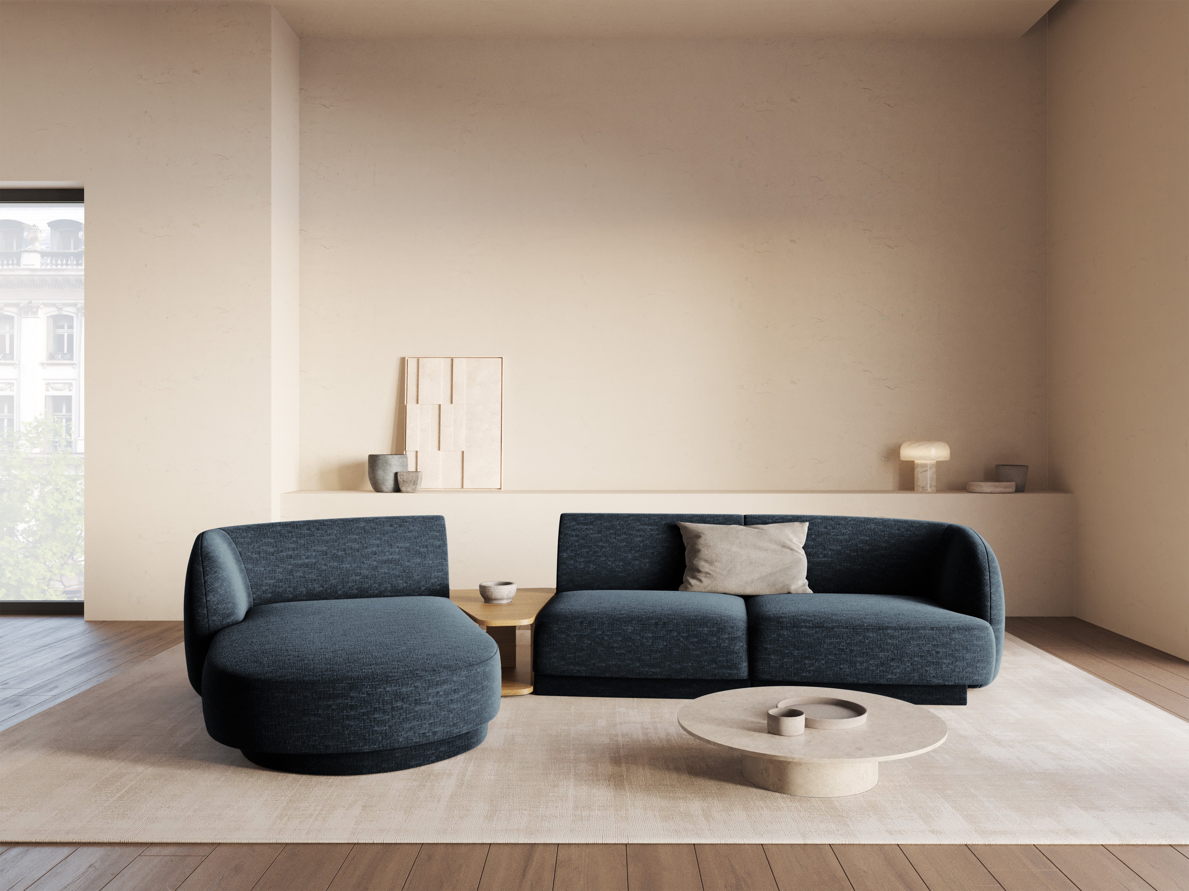 Modulární rohová sedačka se stolkem 3-místná levostranná MILEY královsky modrá šenilová