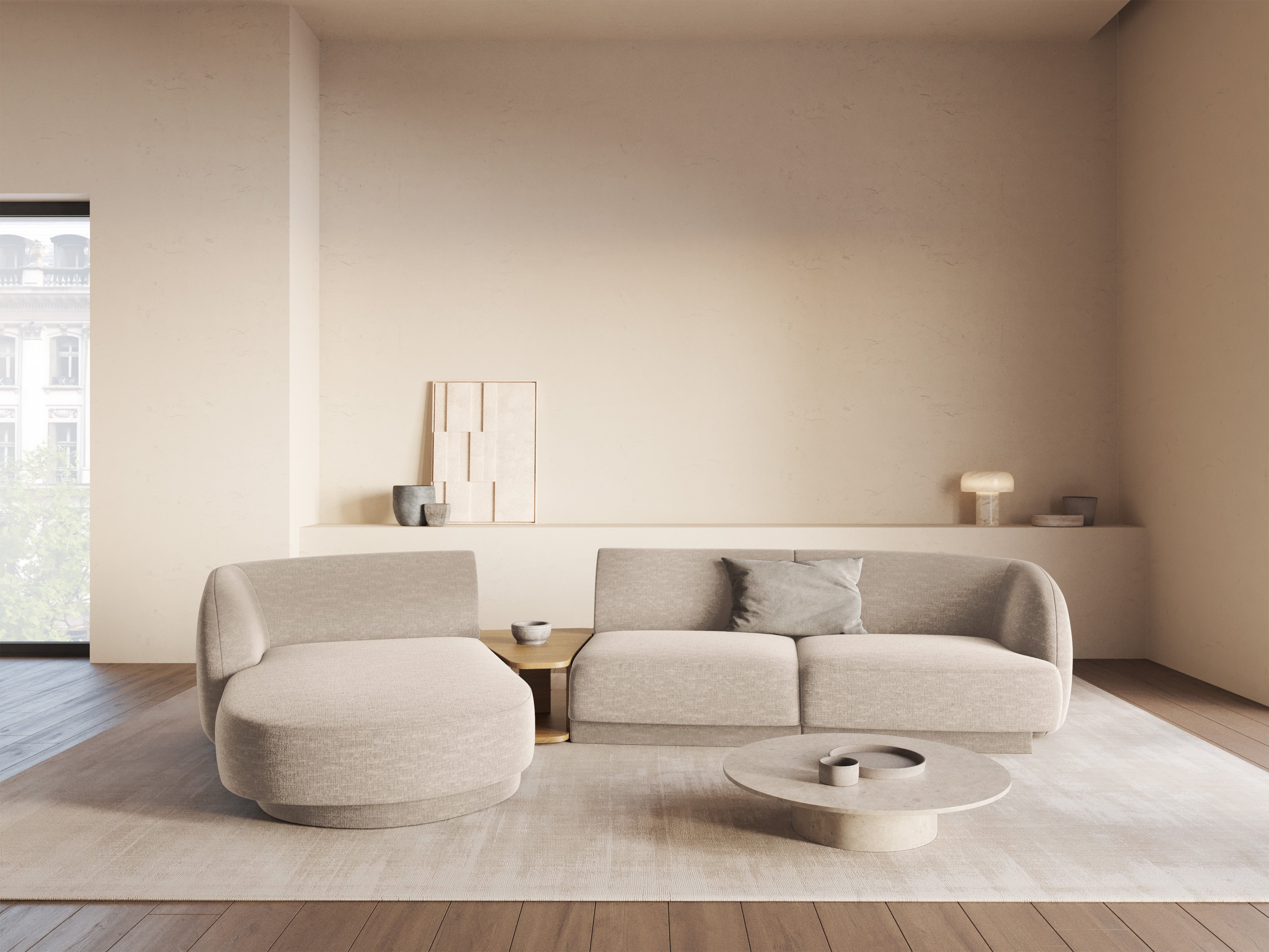 Modulární rohová sedačka se stolkem 3-místná levostranná MILEY béžový šenil