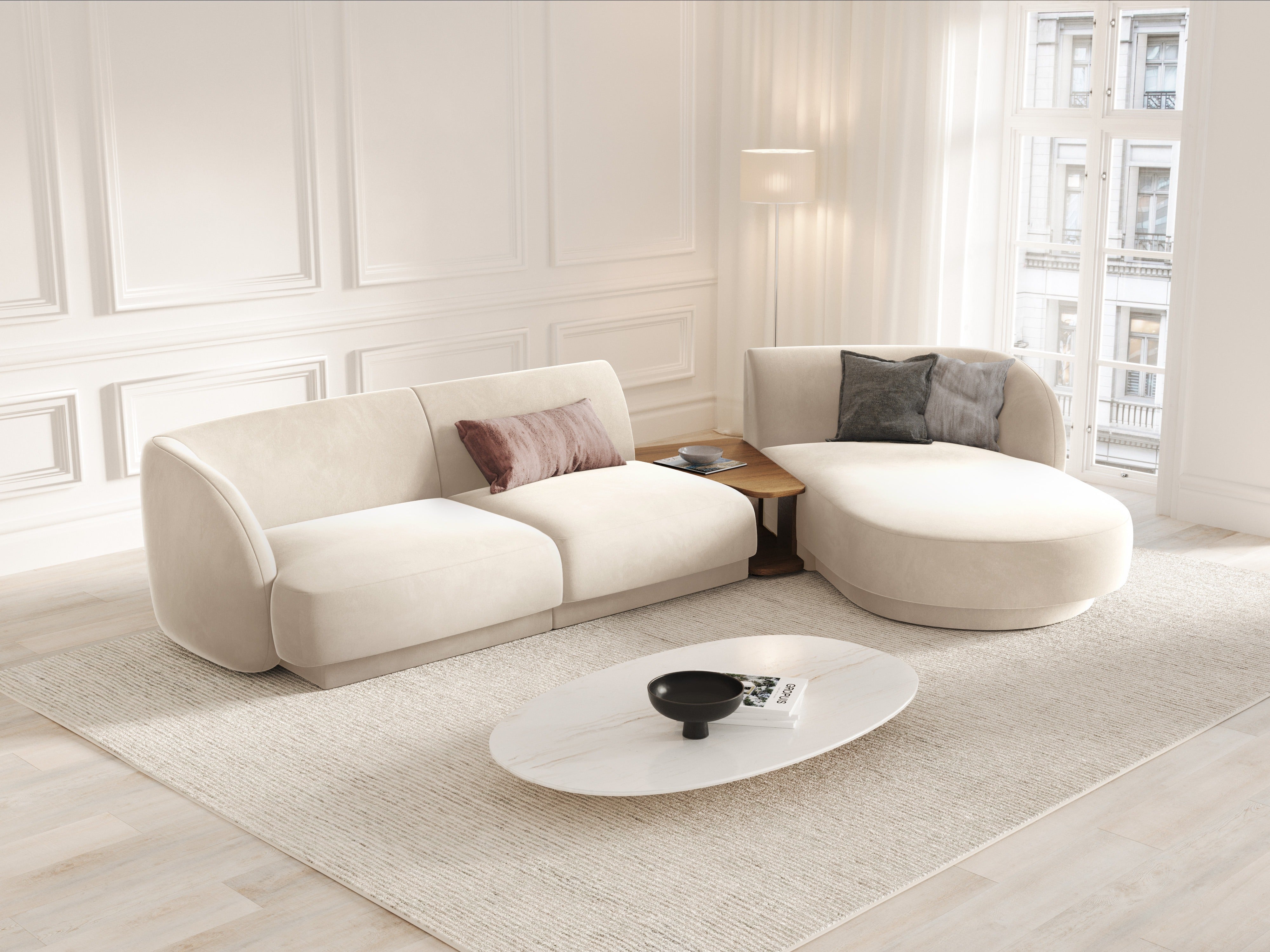 Modular corner sofa with table 3-seater right-sided velvet MILEY light beige