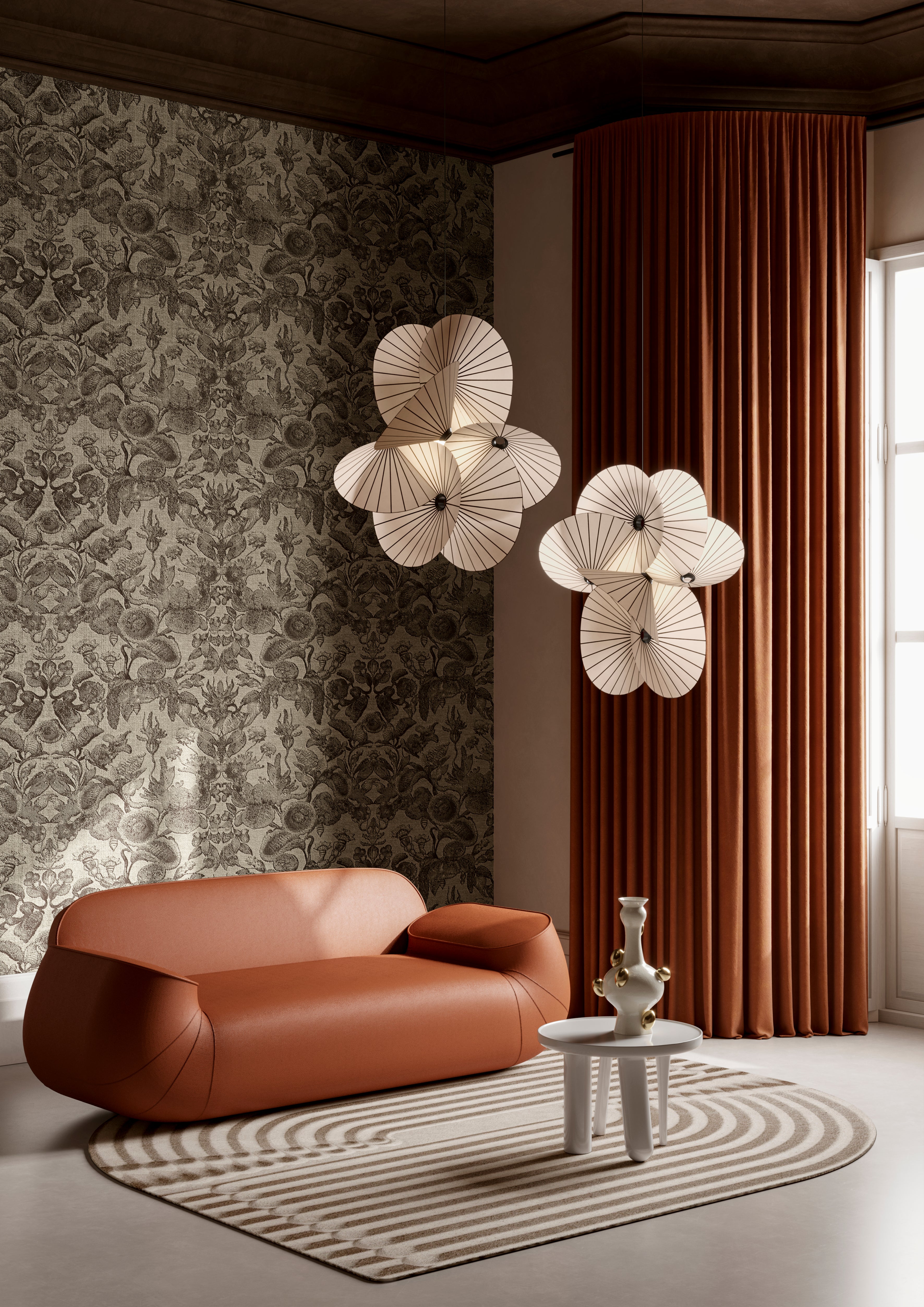 Textile wallpaper with a floral pattern COCCINELLA BELLA JACQUARD dark beige with black