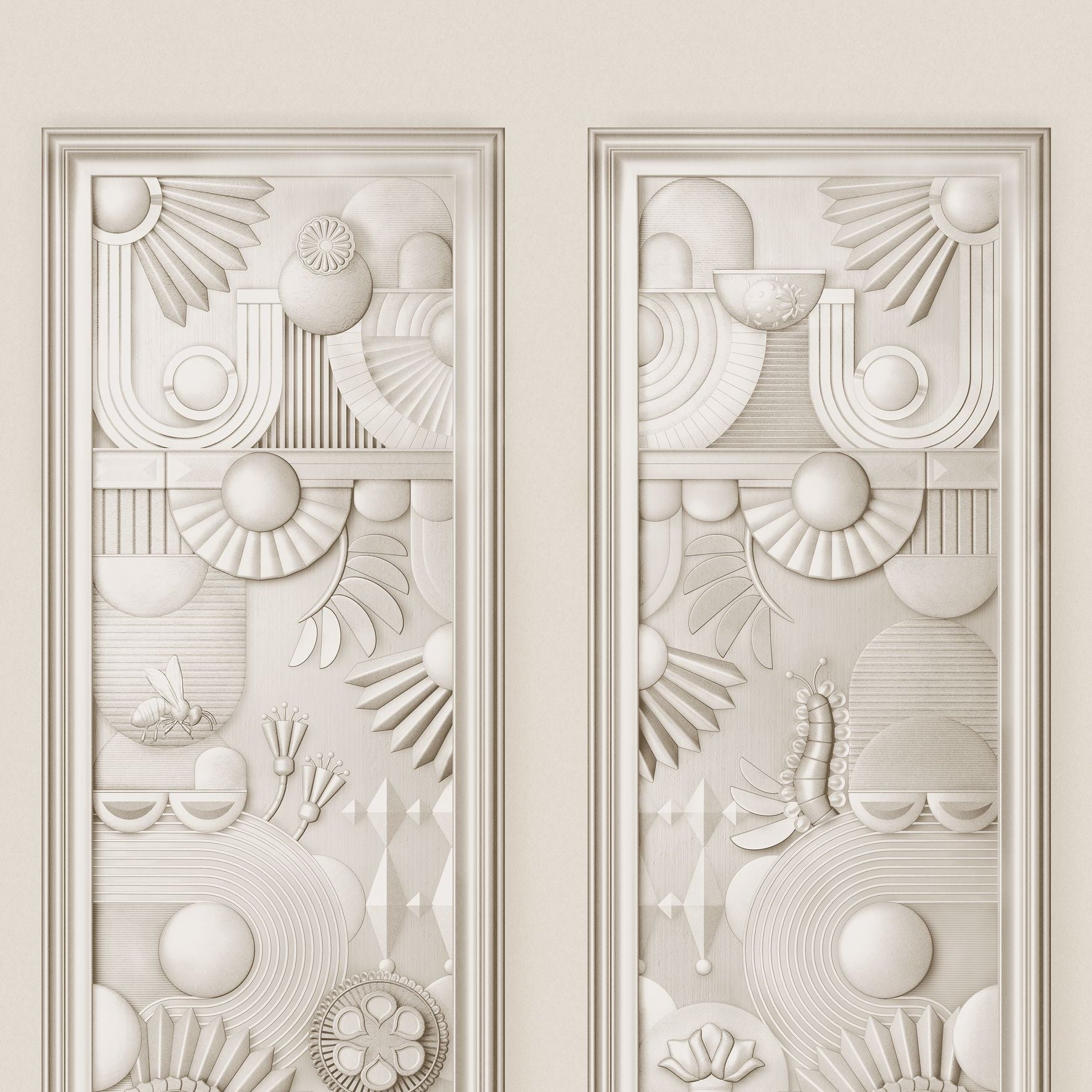 Art Deco textile mural GREENHOUSE GATHERING light beige