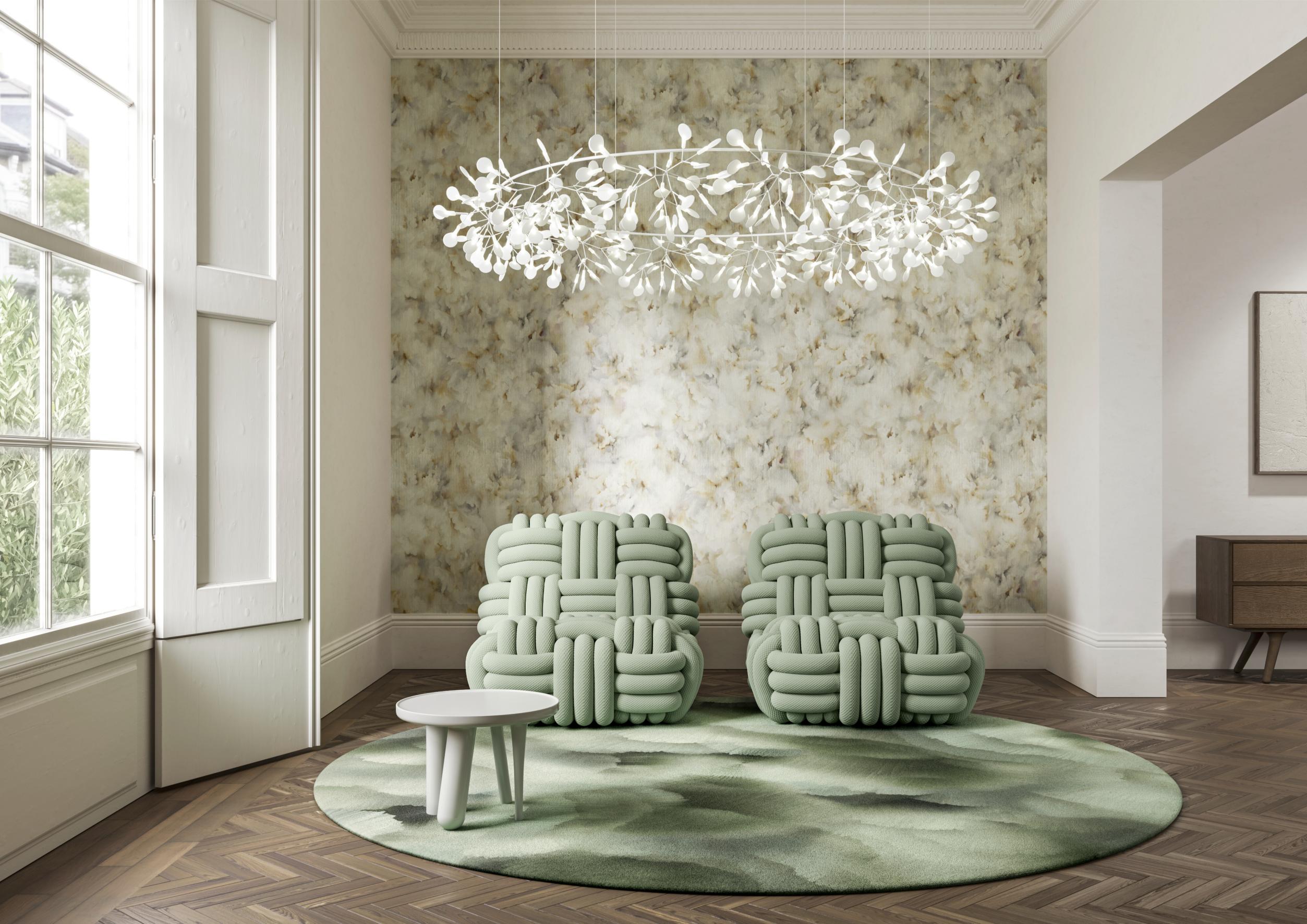 Silk floral pattern textile wallpaper SILK BOMBIS beige with white